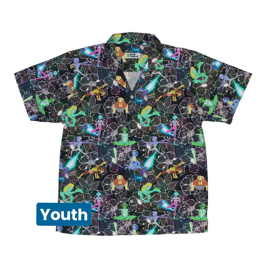Space Alien Yoga Black Youth Hawaiian Shirt - Designs by Nathan - outer space & astronaut print - Q3