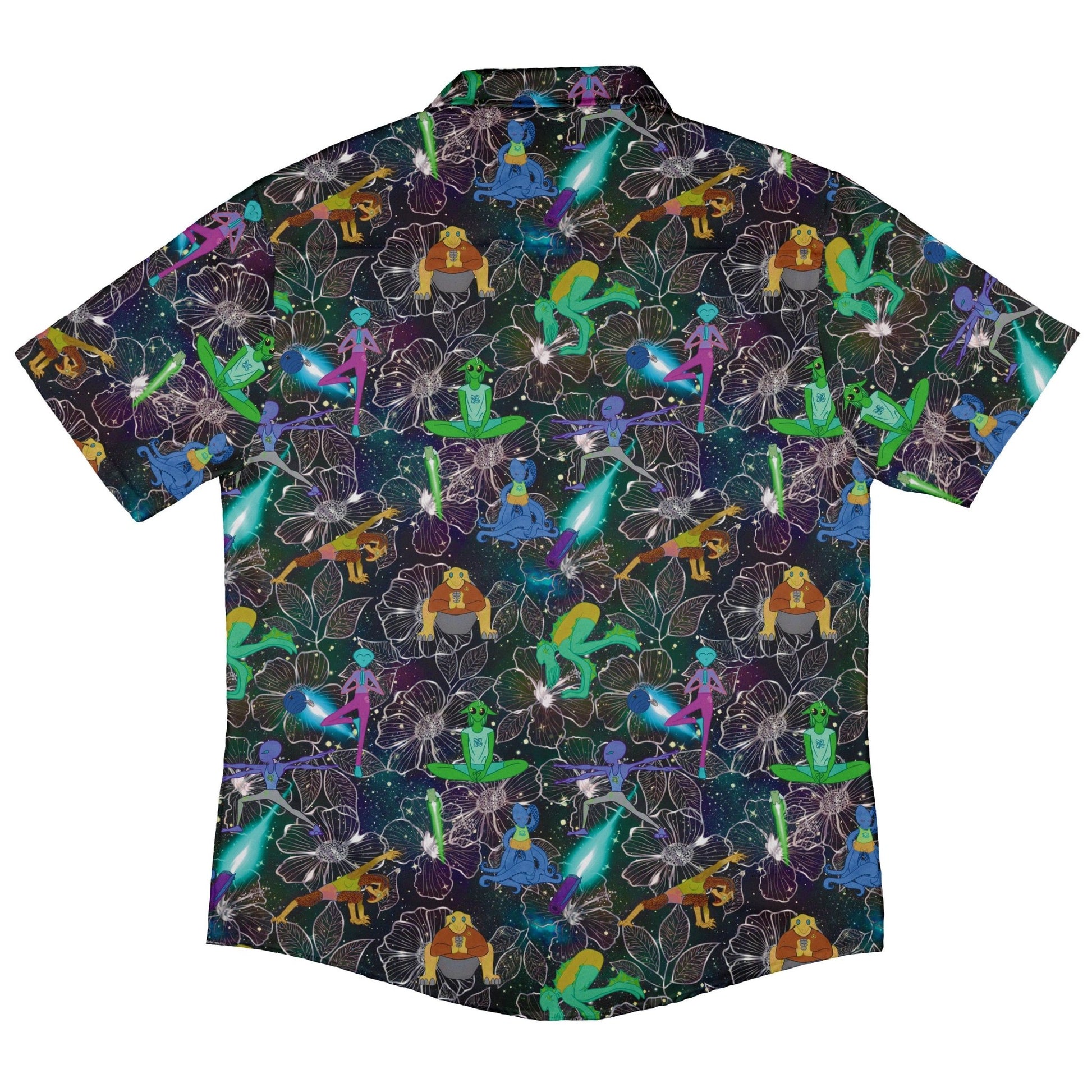 Space Alien Yoga Black Button Up Shirt - adult sizing - Designs by Nathan - outer space & astronaut print