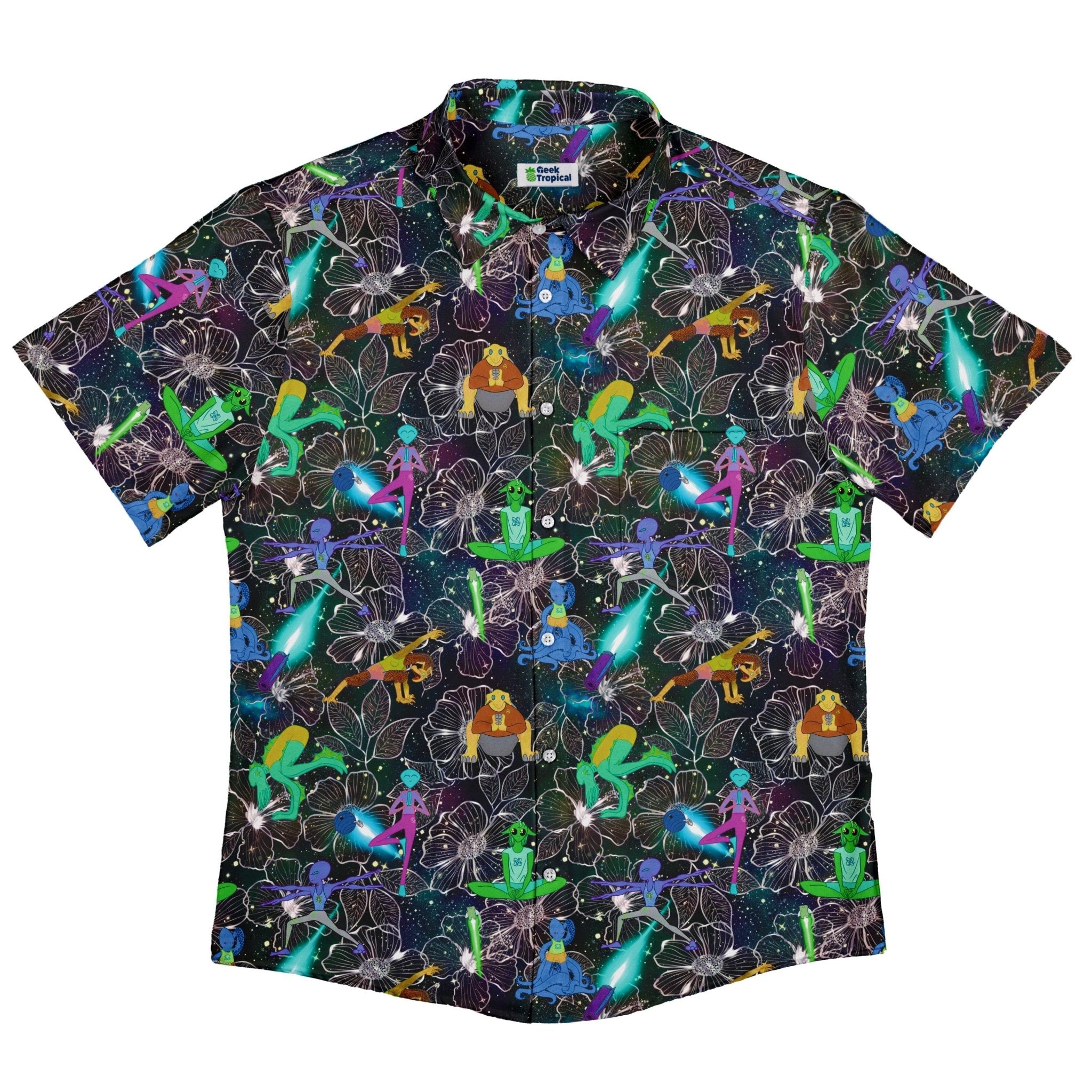 Space Alien Yoga Black Button Up Shirt - adult sizing - Designs by Nathan - outer space & astronaut print