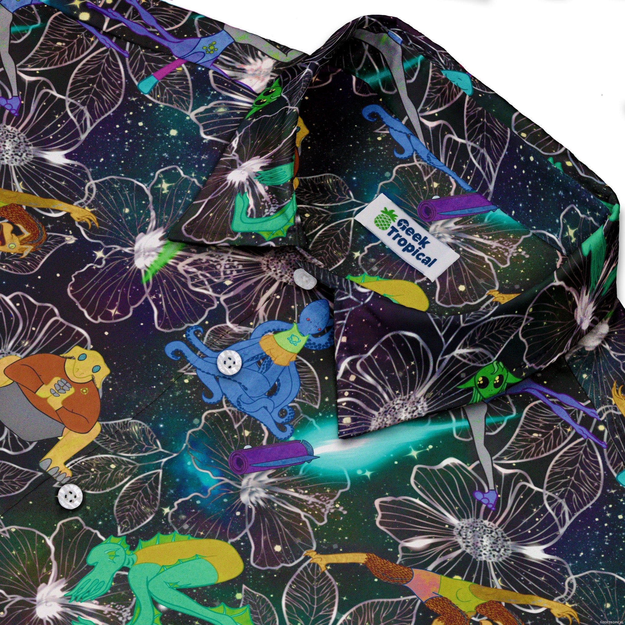 Space Alien Yoga Black Button Up Shirt - adult sizing - Designs by Nathan - outer space & astronaut print