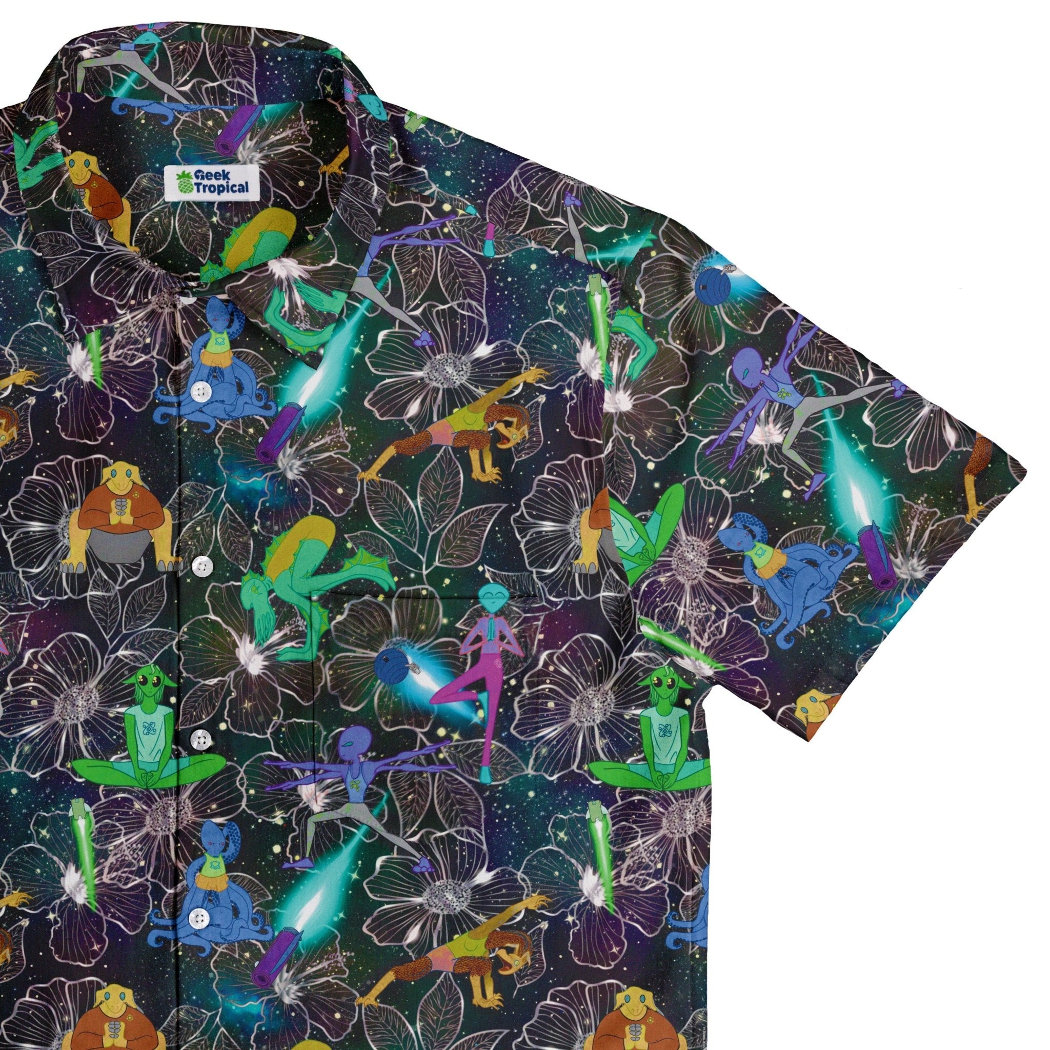 Space Alien Yoga Black Button Up Shirt - adult sizing - Designs by Nathan - outer space & astronaut print