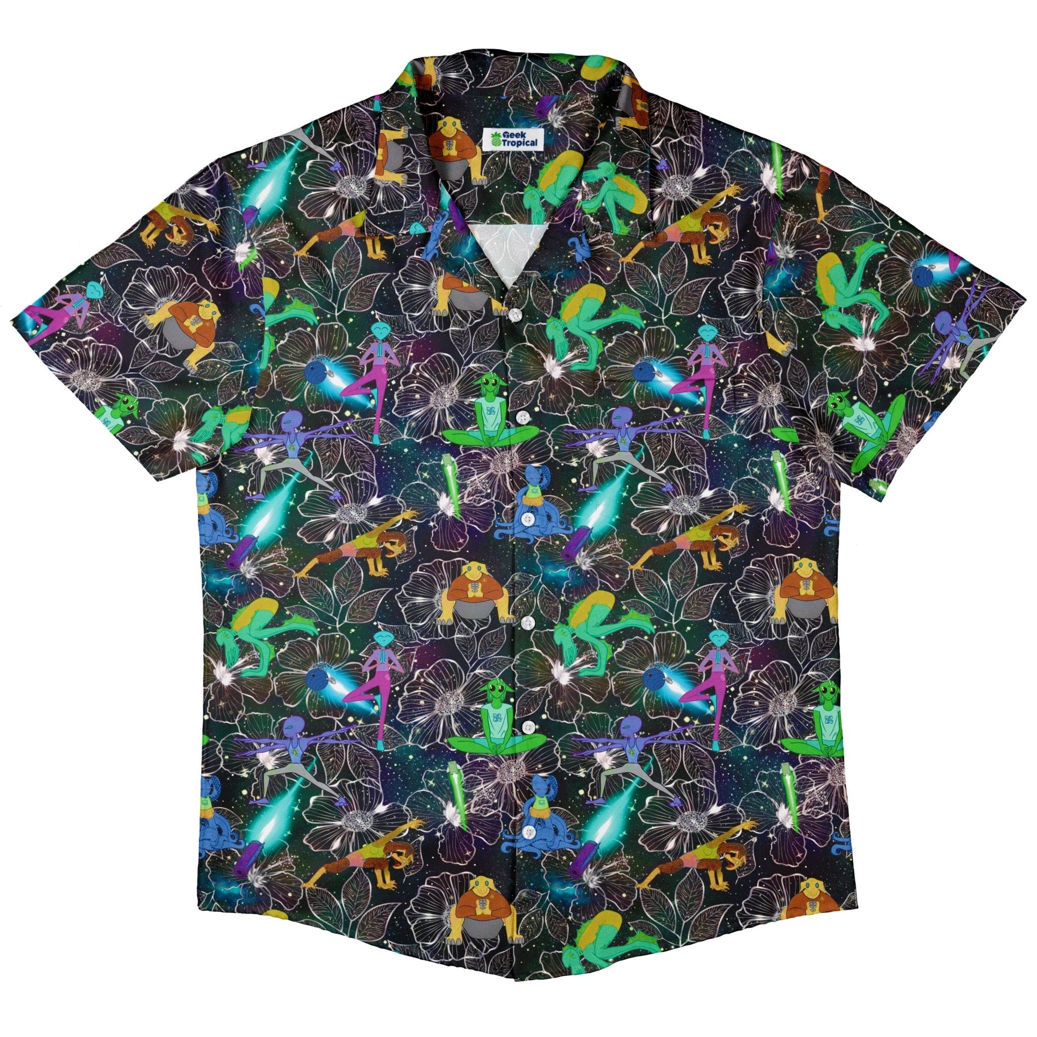 Space Alien Yoga Black Button Up Shirt - adult sizing - Designs by Nathan - outer space & astronaut print