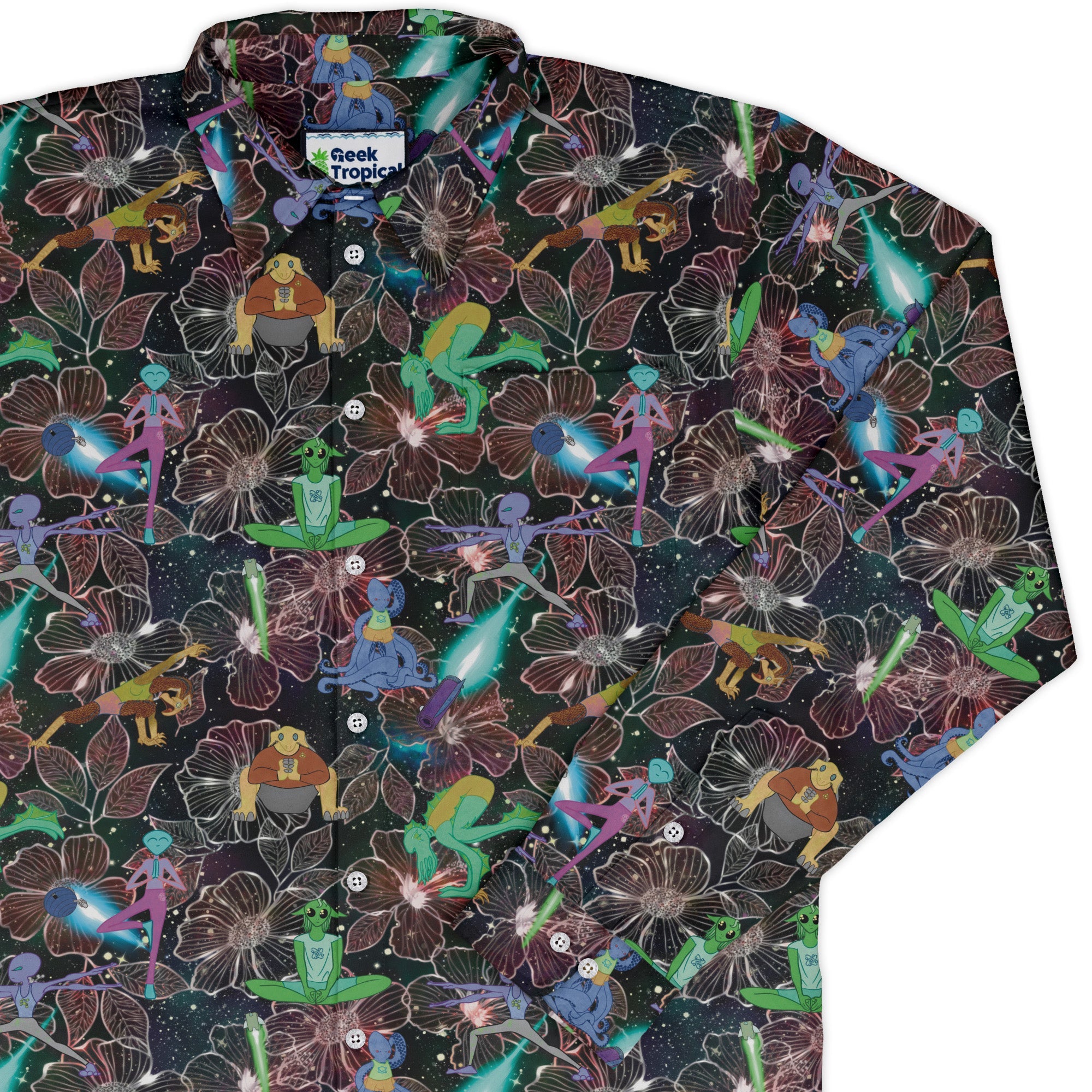 Space Alien Yoga Red Long Sleeve Button Up Shirt