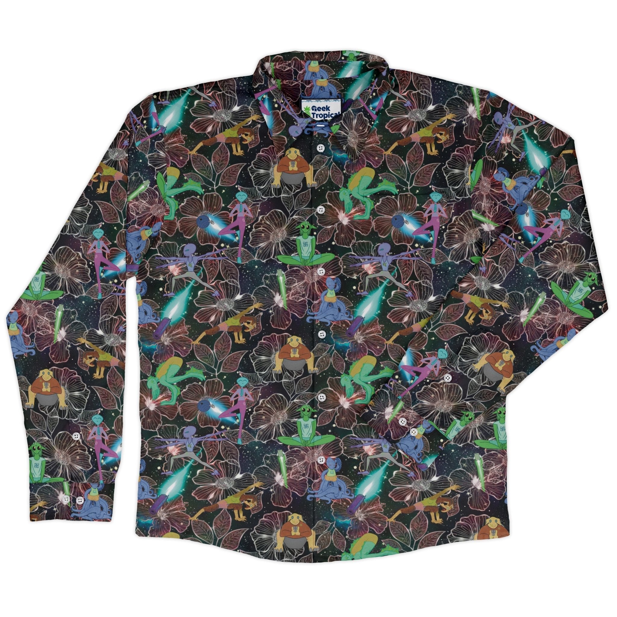 Space Alien Yoga Red Long Sleeve Button Up Shirt Geek Nerd adult sizing Designs by Nathan FLOW DESC WRITING