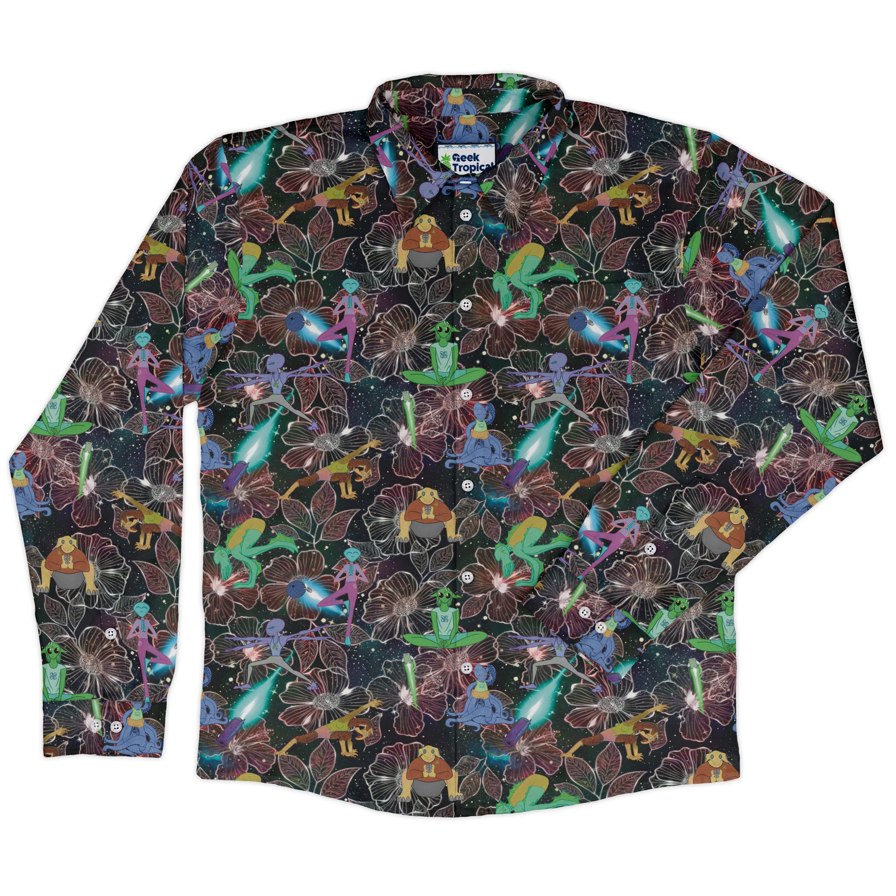 Space Alien Yoga Red Long Sleeve Button Up Shirt