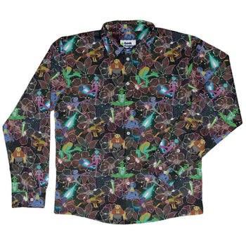 Space Alien Yoga Red Long Sleeve Button Up Shirt Geek Nerd adult sizing Designs by Nathan FLOW DESC WRITING