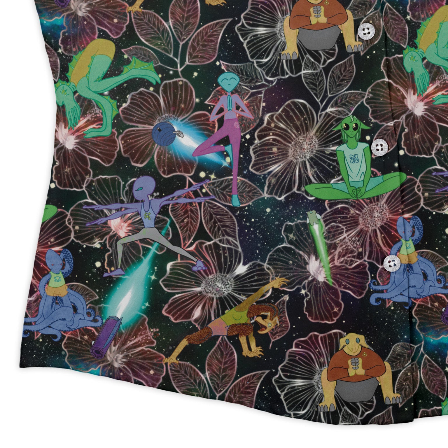 Space Alien Yoga Red Curvy Button Up Shirt Geek Nerd Designs by Nathan outer space & astronaut print Q3