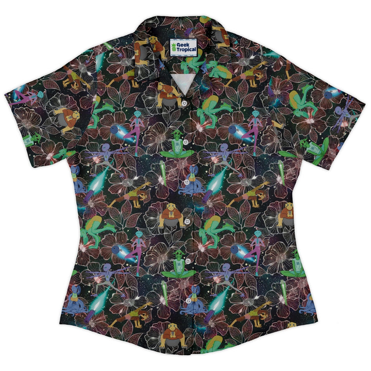 Space Alien Yoga Red Curvy Button Up Shirt Geek Nerd Designs by Nathan outer space & astronaut print Q3