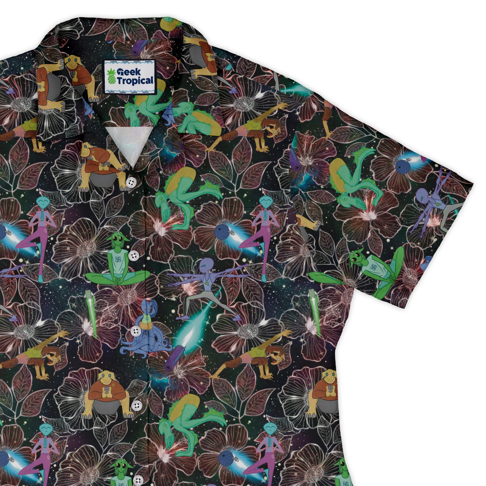 Space Alien Yoga Red Curvy Button Up Shirt Geek Nerd Designs by Nathan outer space & astronaut print Q3