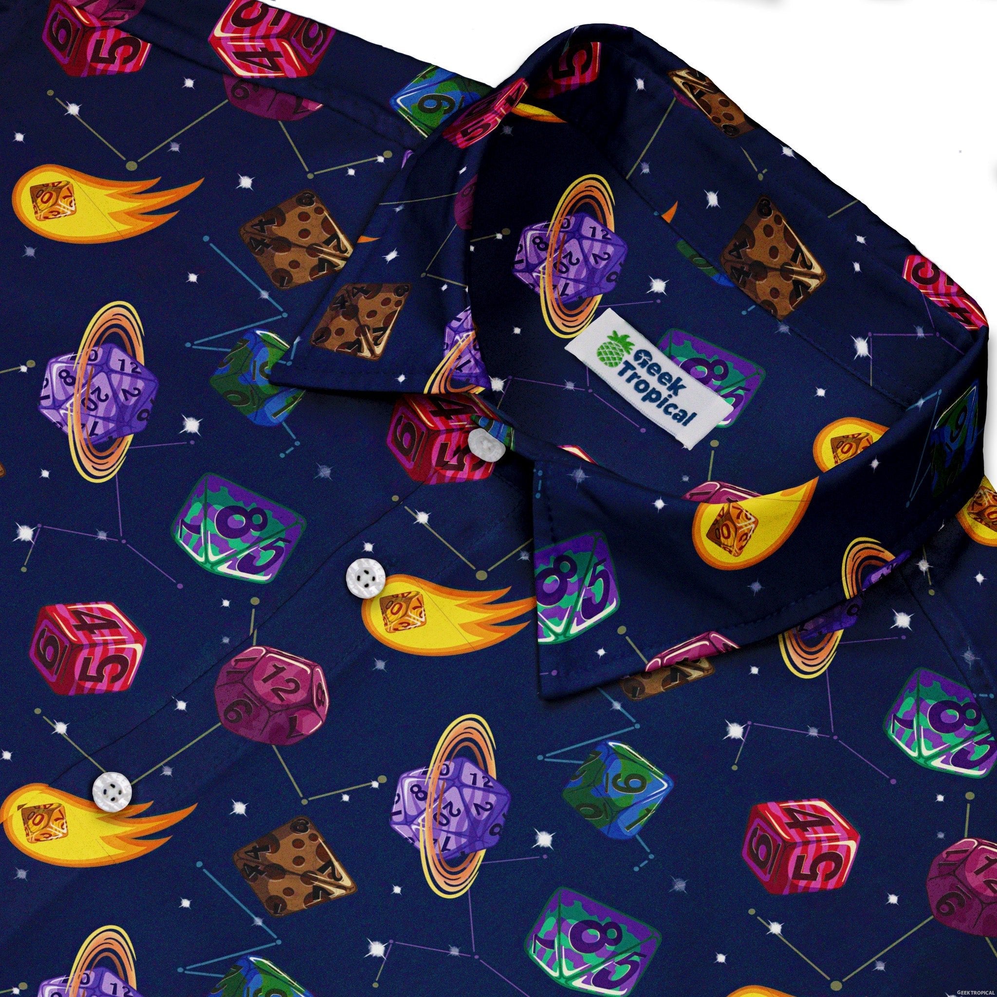 Space DND Dice Planets Button Up Shirt - adult sizing - Design by Carla Morrow - dnd & rpg print