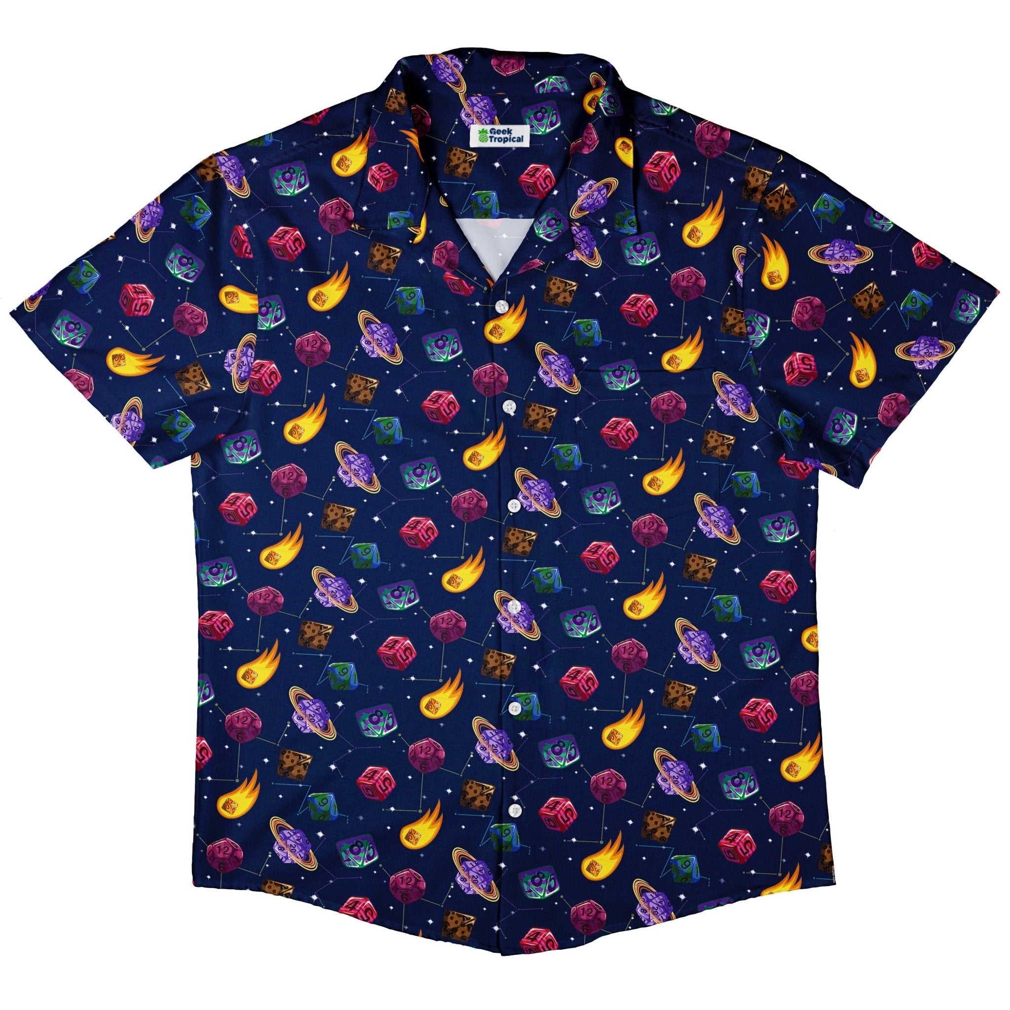Clearance Ready - to - Ship Space DND Dice Planets Button Up Shirt Geek Nerd adult sizing Clearance Design by Carla Morrow