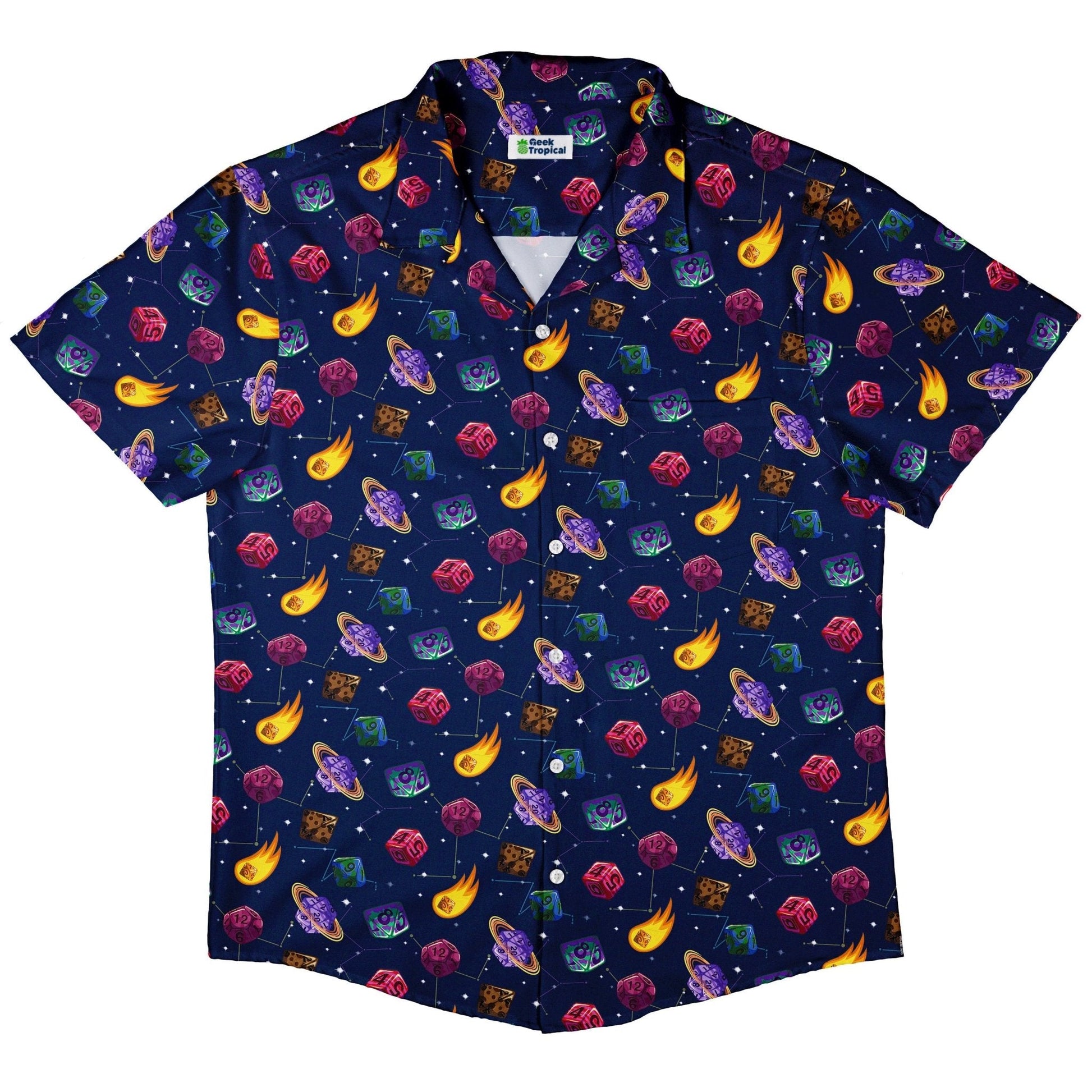 Clearance Ready - to - Ship Space DND Dice Planets Button Up Shirt Geek Nerd adult sizing Clearance Design by Carla Morrow