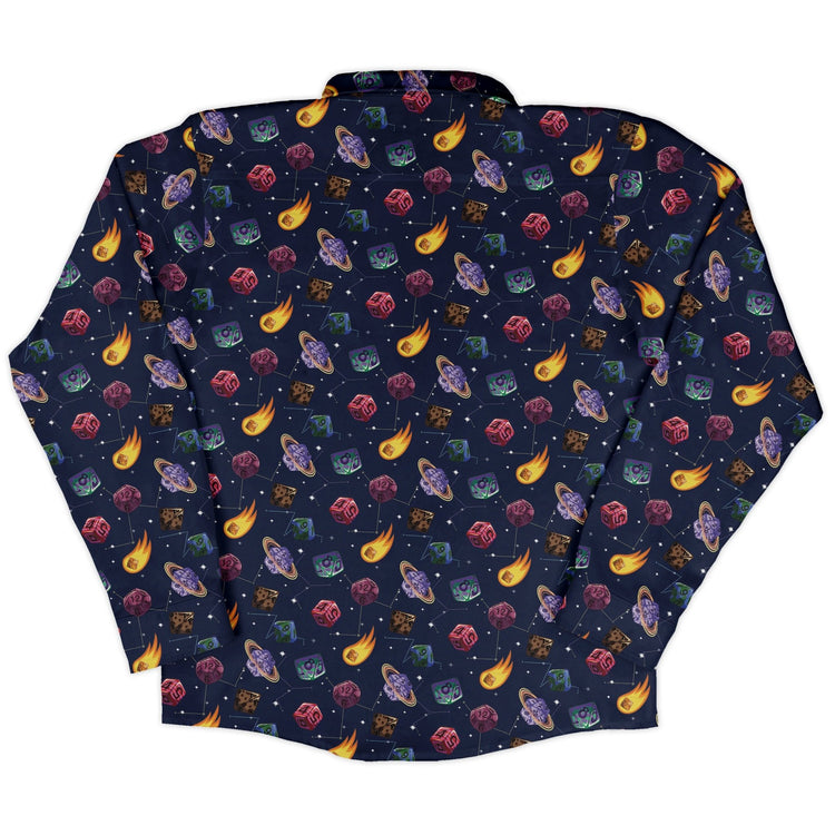 Space DND Dice Planets Long Sleeve Button Up Shirt Geek Nerd adult sizing Design by Carla Morrow dnd & rpg print
