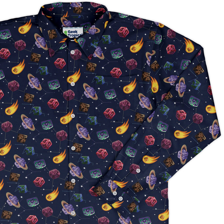 Space DND Dice Planets Long Sleeve Button Up Shirt Geek Nerd adult sizing Design by Carla Morrow dnd & rpg print