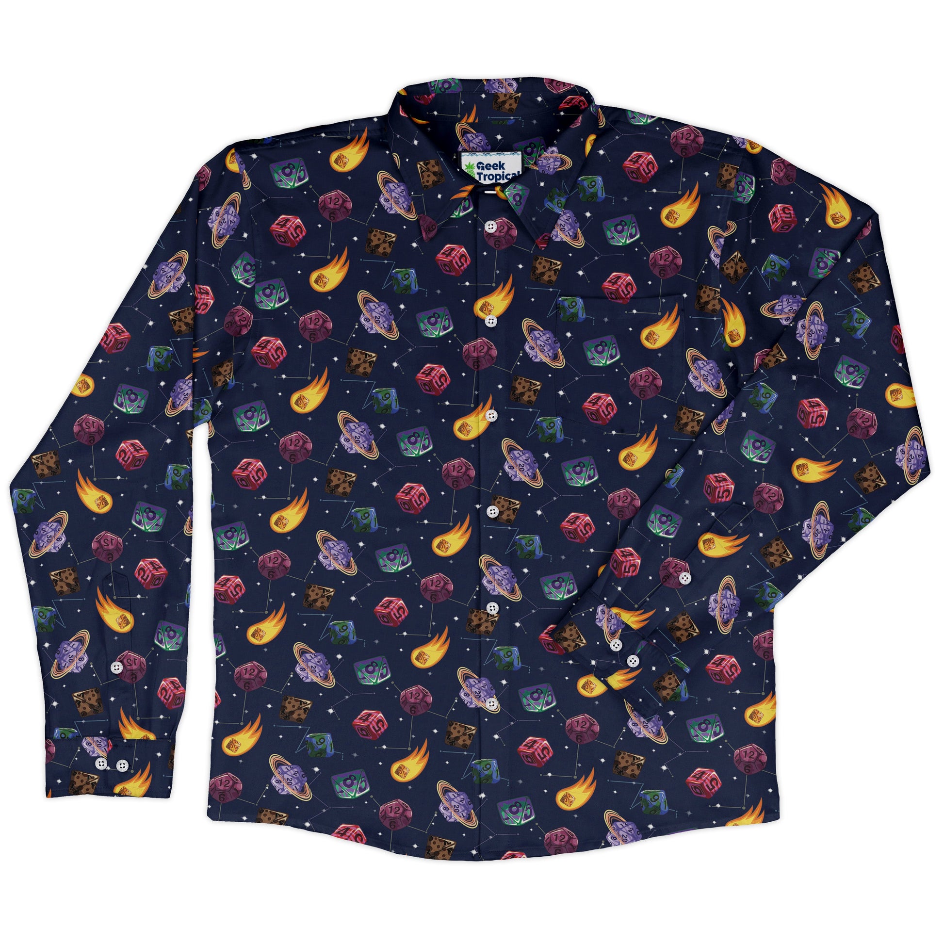 Space DND Dice Planets Long Sleeve Button Up Shirt