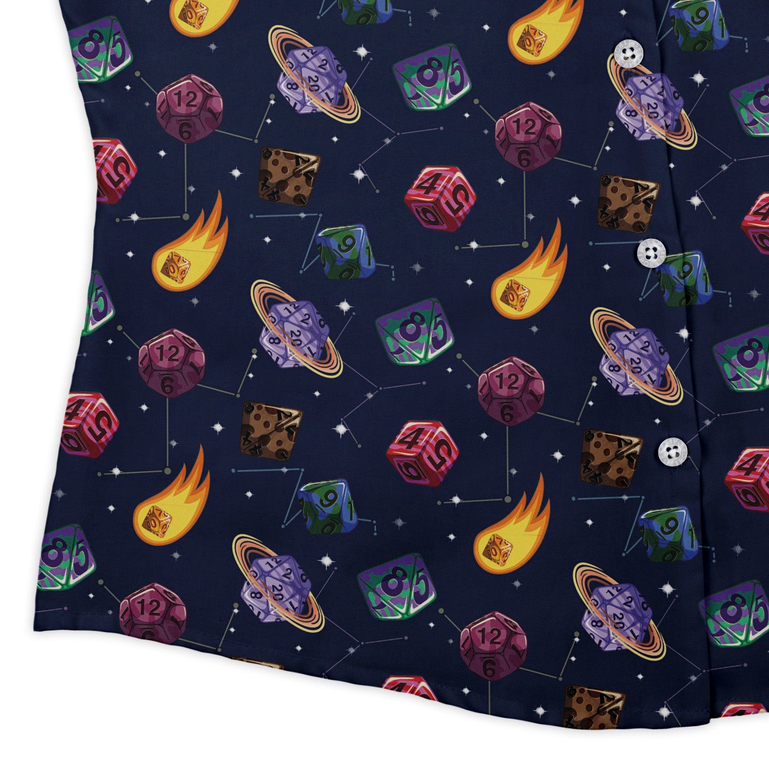 Space DND Dice Planets Curvy Button Up Shirt Geek Nerd Design by Carla Morrow dnd & rpg print outer space & astronaut print