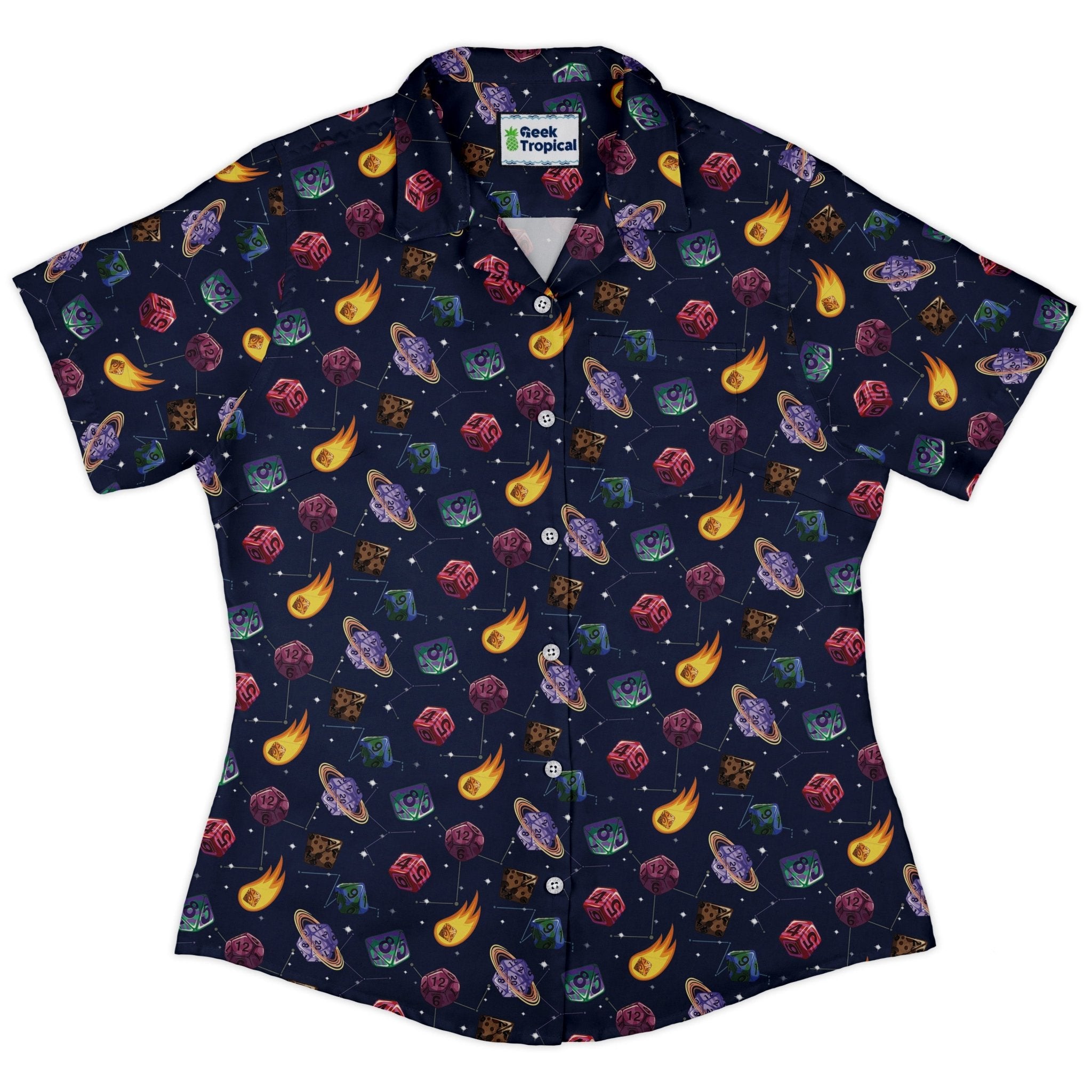 Space DND Dice Planets Curvy Button Up Shirt Geek Nerd Design by Carla Morrow dnd & rpg print outer space & astronaut print