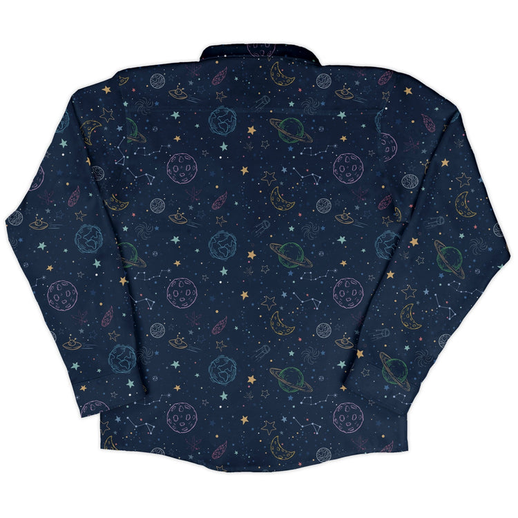 Space Doodles Blue Long Sleeve Button Up Shirt Geek Nerd adult sizing FLOW DESC WRITING outer space & astronaut print