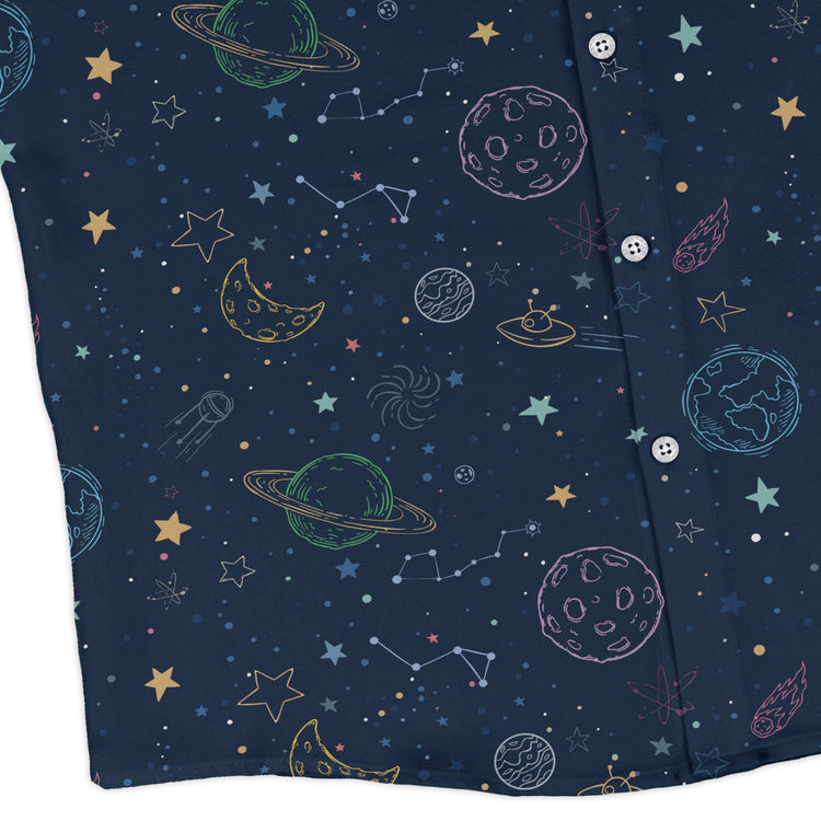Space Doodles Blue Long Sleeve Button Up Shirt Geek Nerd adult sizing FLOW DESC WRITING outer space & astronaut print