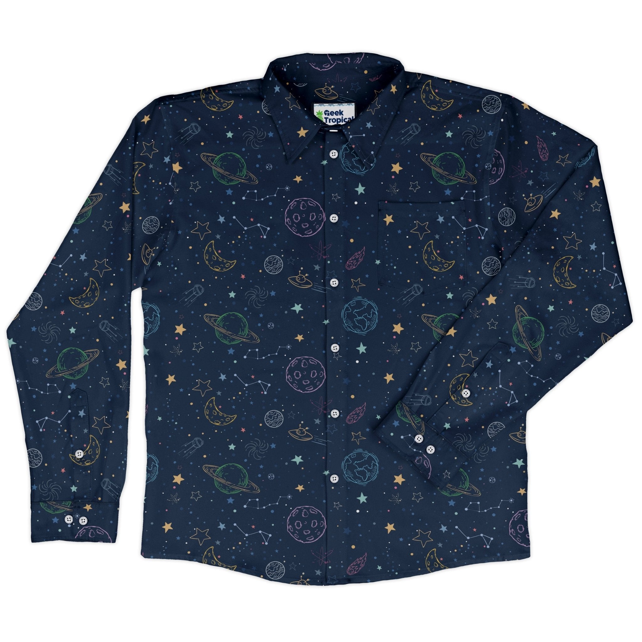 Space Doodles Blue Long Sleeve Button Up Shirt Geek Nerd adult sizing FLOW DESC WRITING outer space & astronaut print