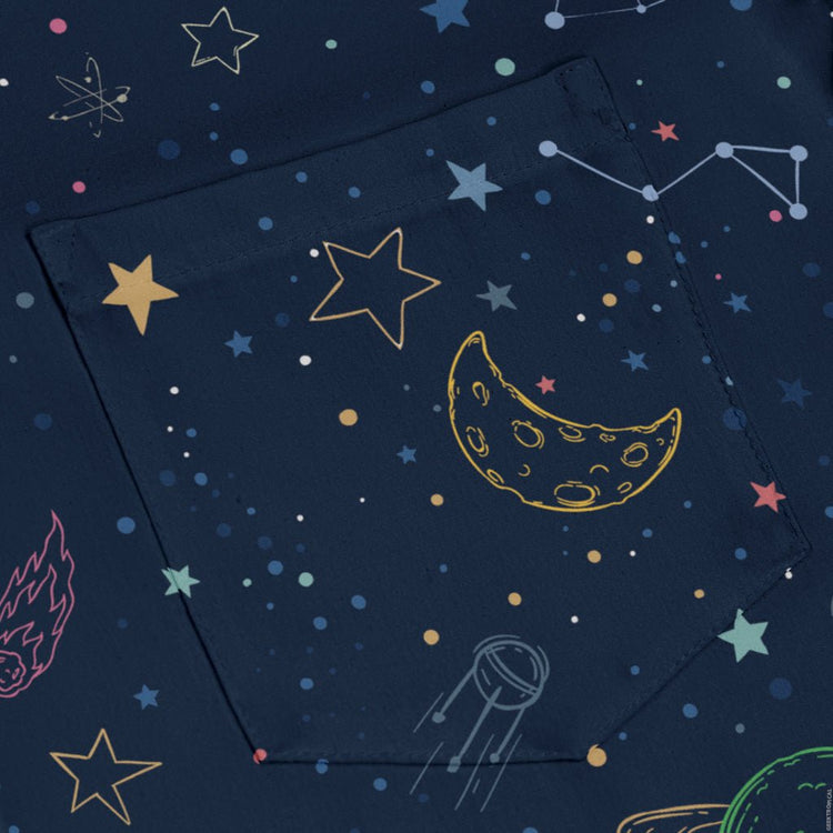 Space Doodles Blue Long Sleeve Button Up Shirt Geek Nerd adult sizing FLOW DESC WRITING outer space & astronaut print