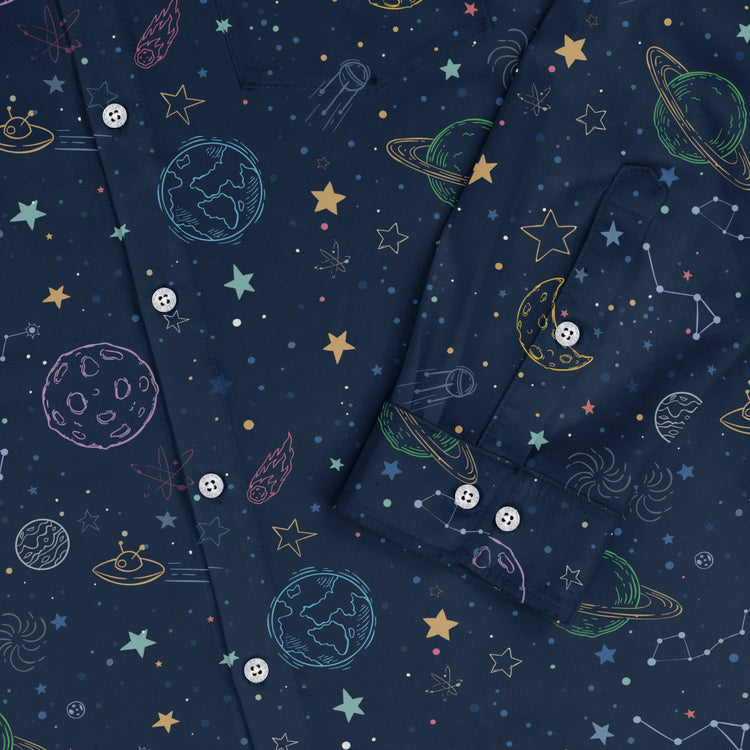 Space Doodles Blue Long Sleeve Button Up Shirt Geek Nerd adult sizing FLOW DESC WRITING outer space & astronaut print