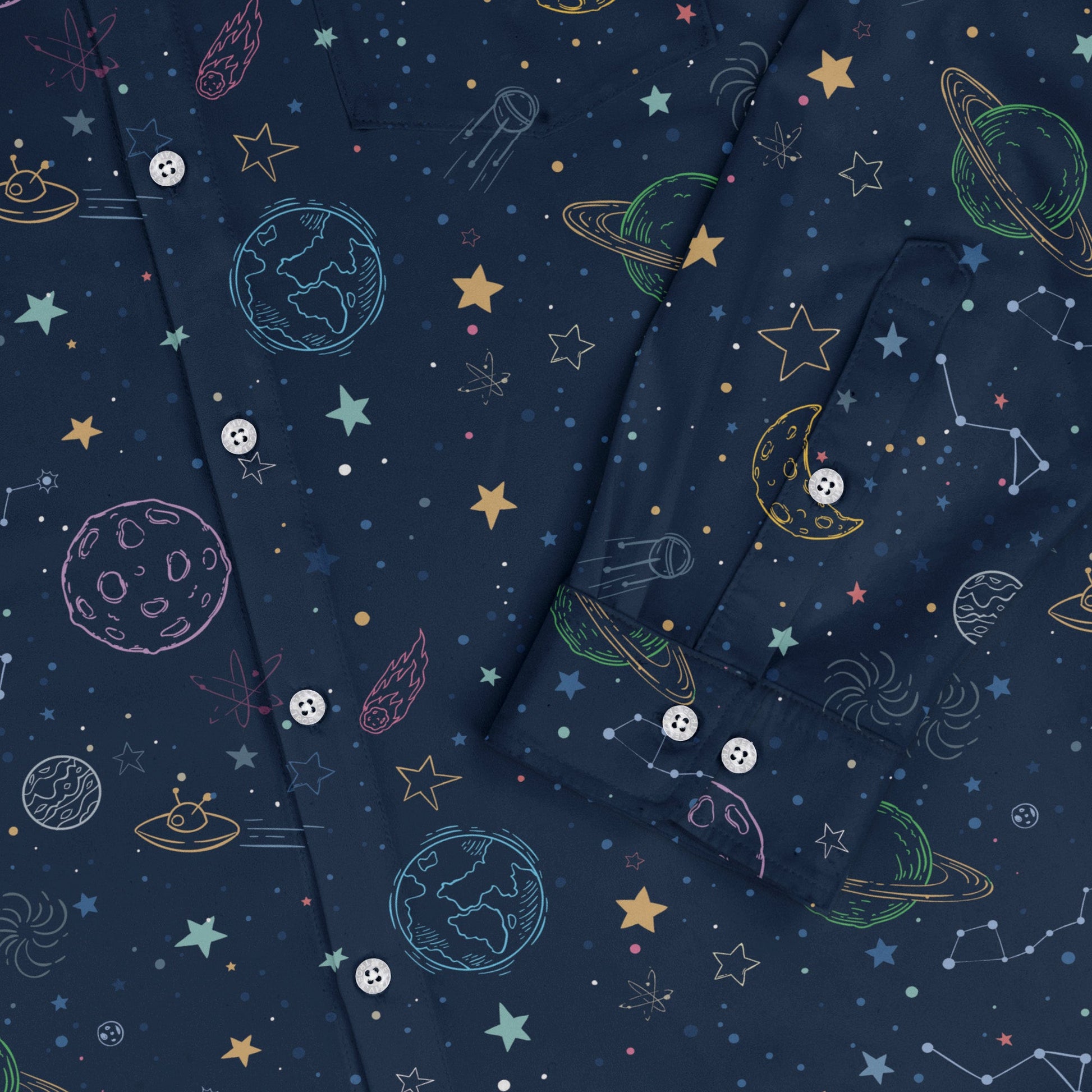 Space Doodles Blue Long Sleeve Button Up Shirt