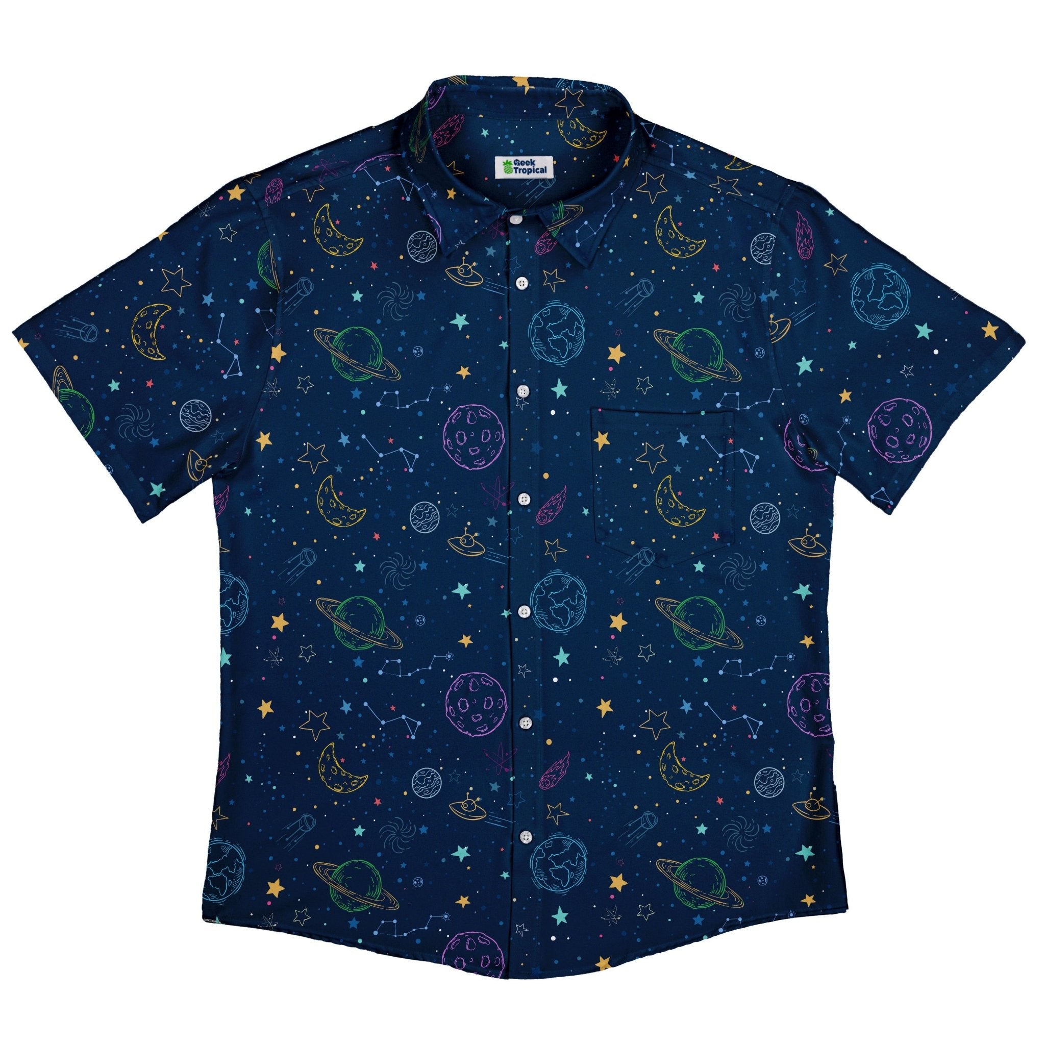 Space Doodles Blue Button Up Shirt - adult sizing - outer space & astronaut print - Simple Patterns