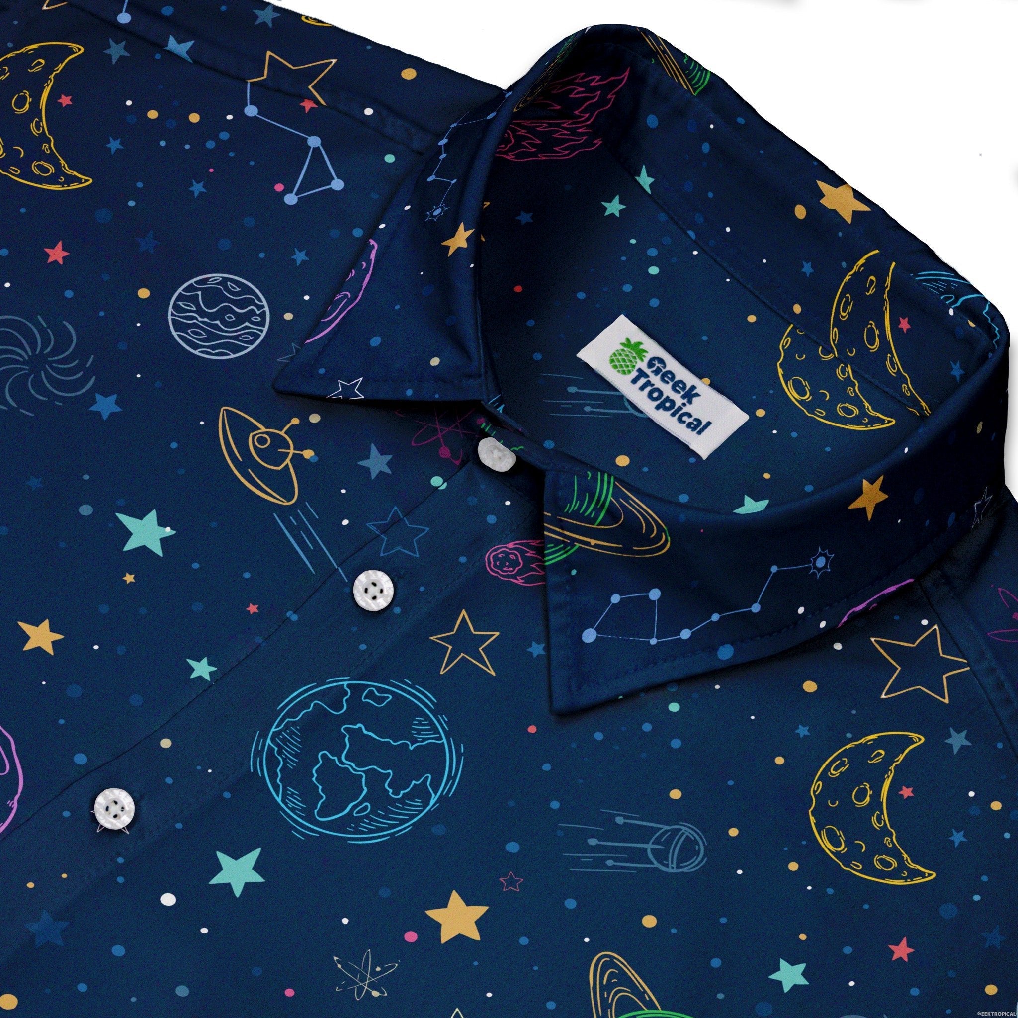 Space Doodles Blue Button Up Shirt - adult sizing - outer space & astronaut print - Simple Patterns