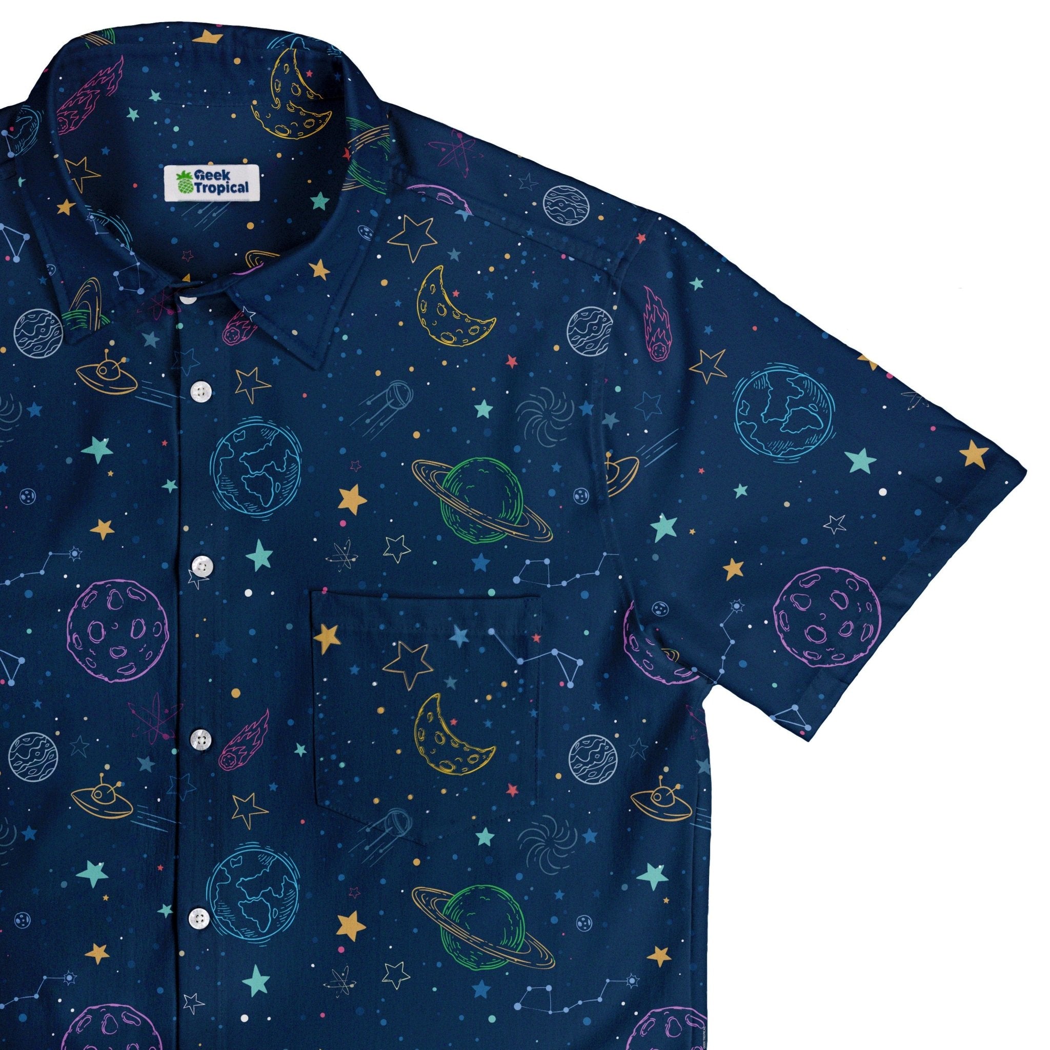 Space Doodles Blue Button Up Shirt - adult sizing - outer space & astronaut print - Simple Patterns