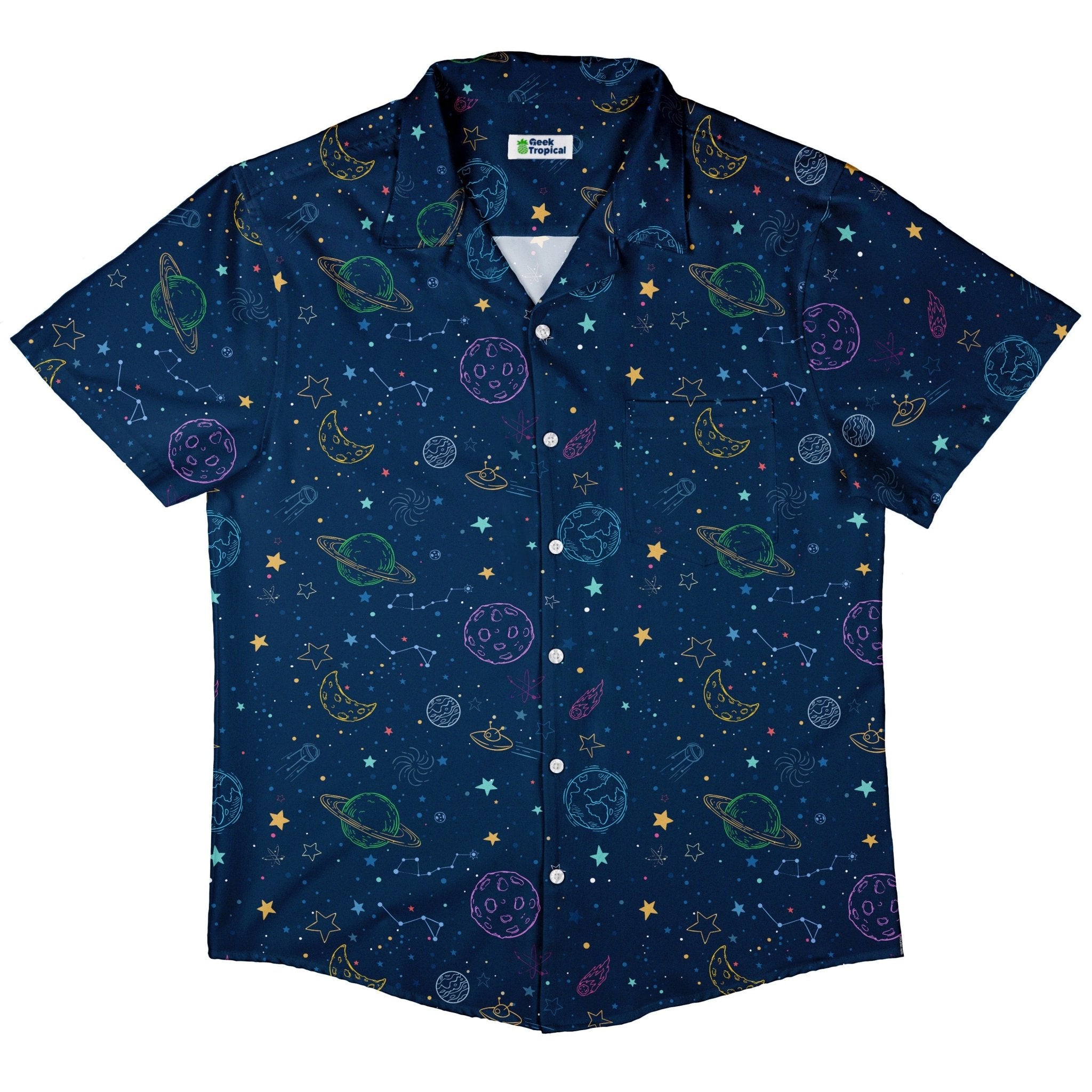 Space Doodles Blue Button Up Shirt - adult sizing - outer space & astronaut print - Simple Patterns