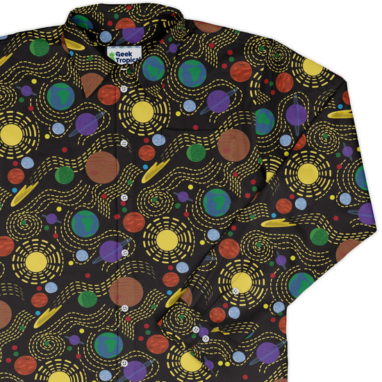 Space Explorers Long Sleeve Button Up Shirt Geek Nerd adult sizing Design by Heather Davenport FLOW DESC WRITING