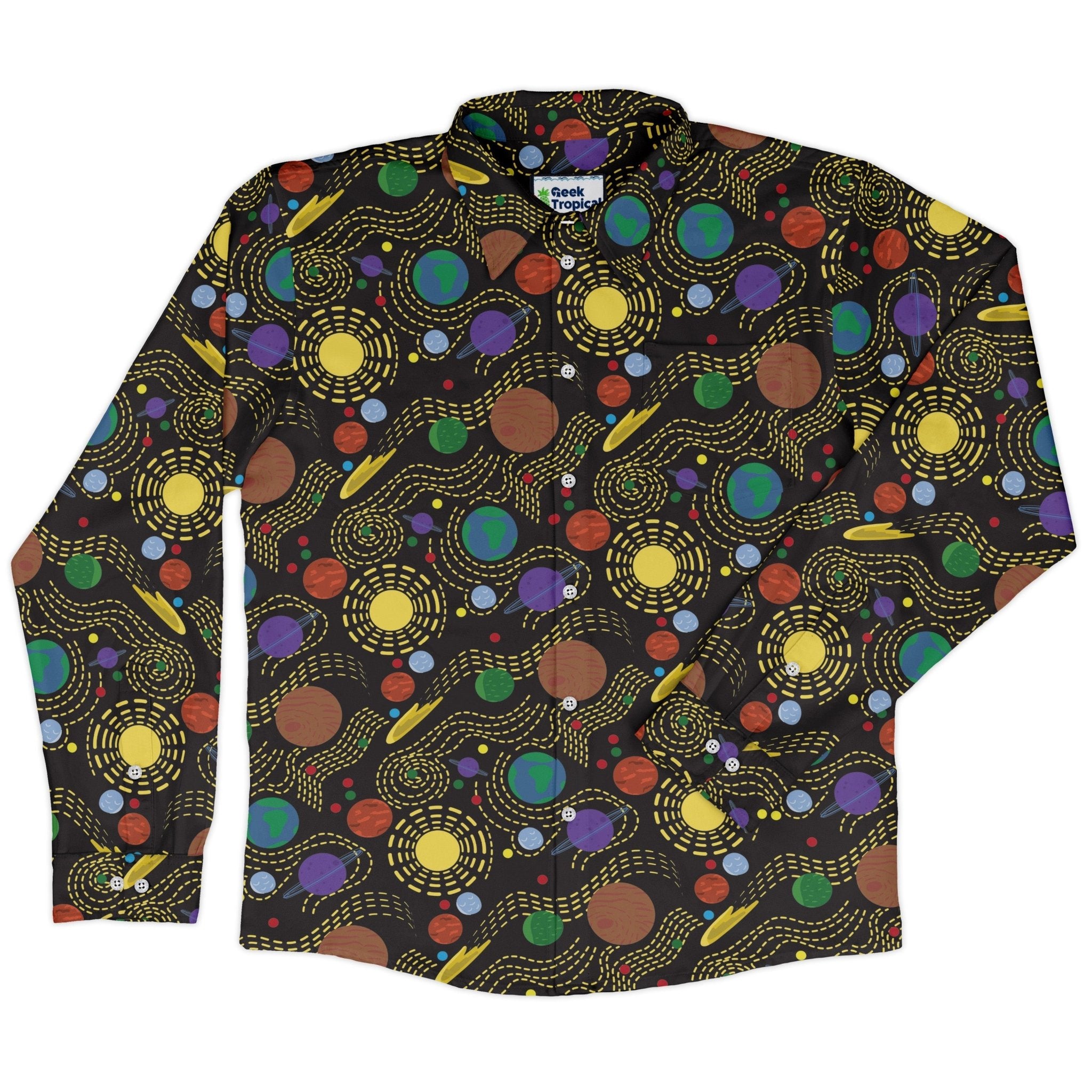 Space Explorers Long Sleeve Button Up Shirt Geek Nerd adult sizing Design by Heather Davenport FLOW DESC WRITING