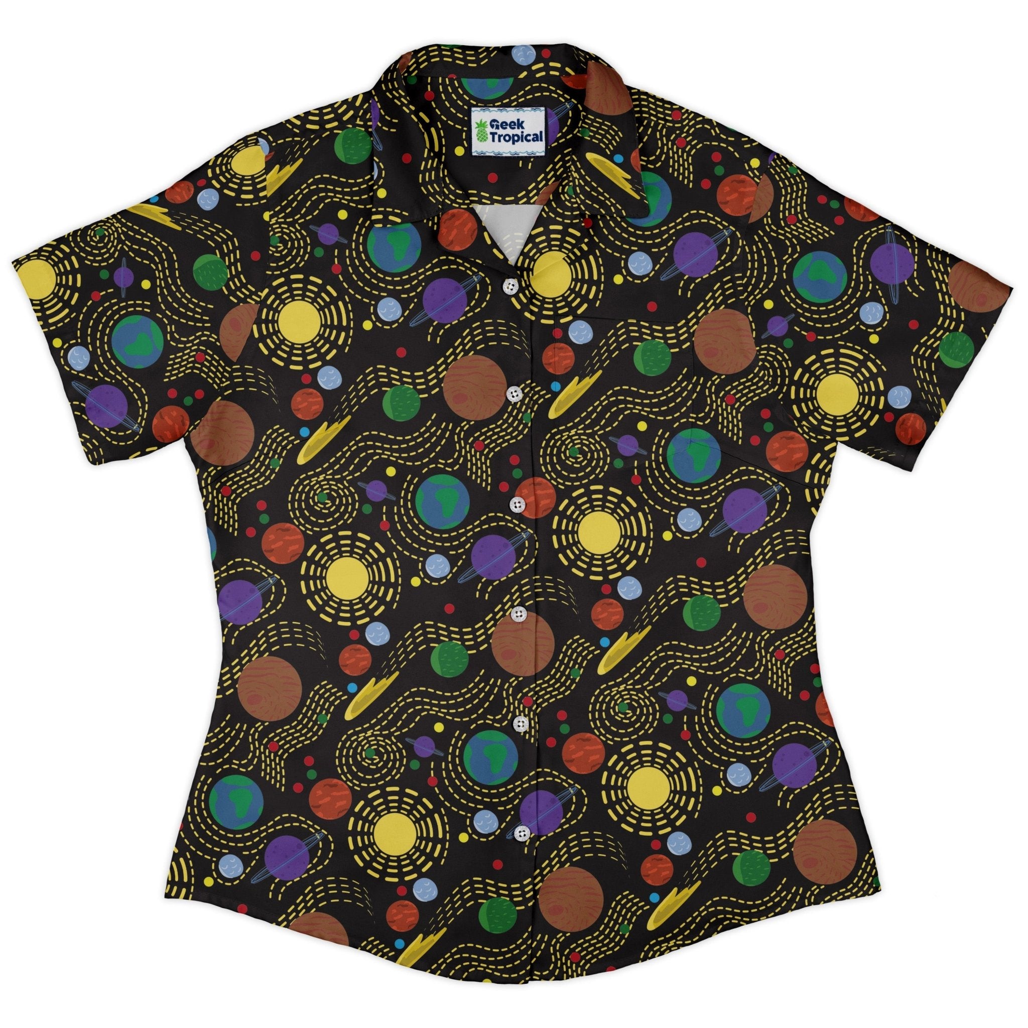 Space Explorers Curvy Button Up Shirt Geek Nerd Design by Heather Davenport outer space & astronaut print Q3