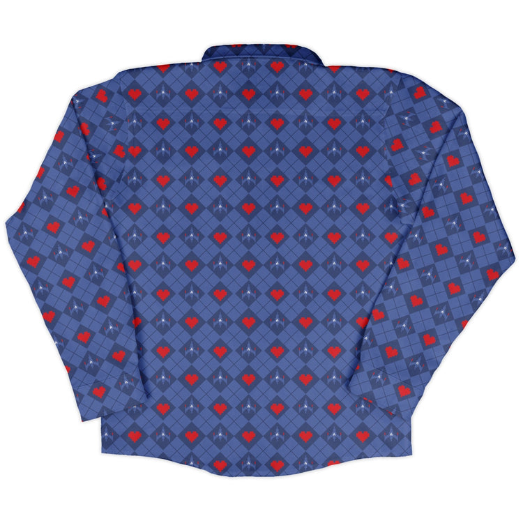 Space Fighter Heart Long Sleeve Button Up Shirt Geek Nerd adult sizing Design by Heather Davenport FLOW DESC WRITING