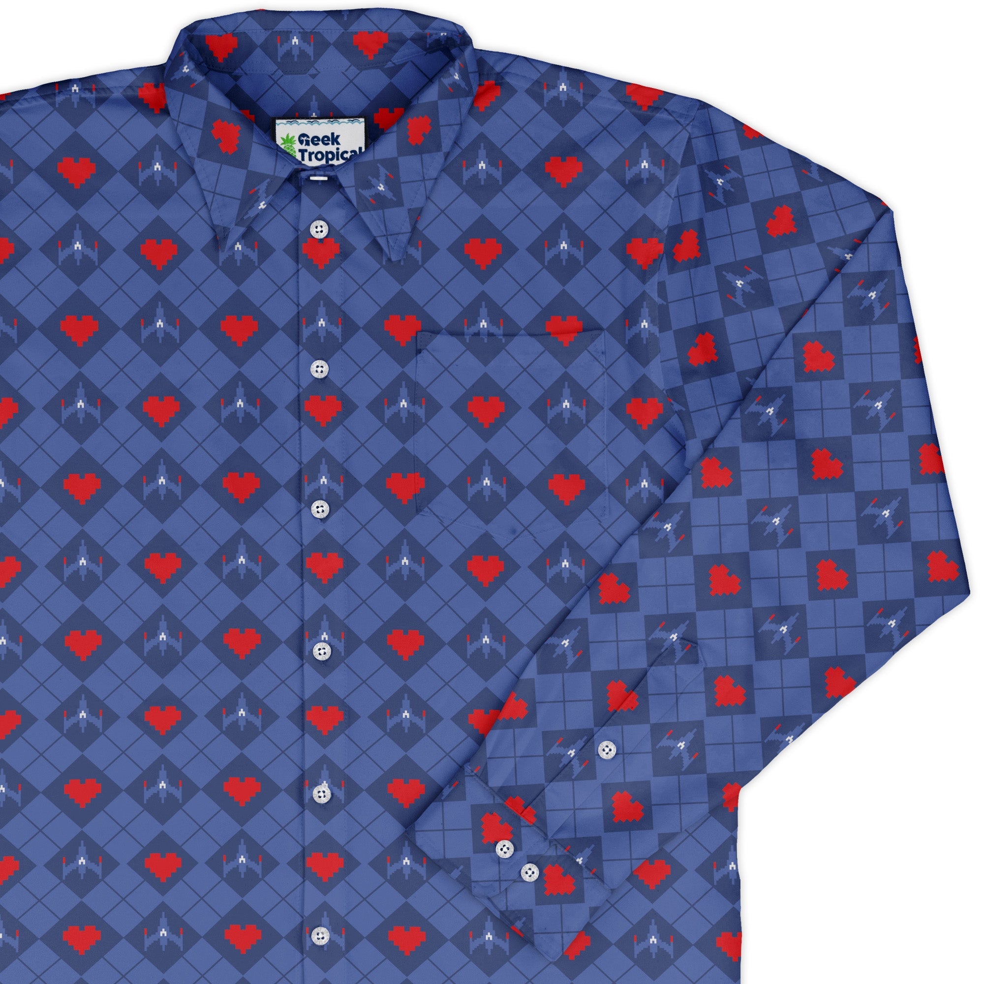 Space Fighter Heart Long Sleeve Button Up Shirt