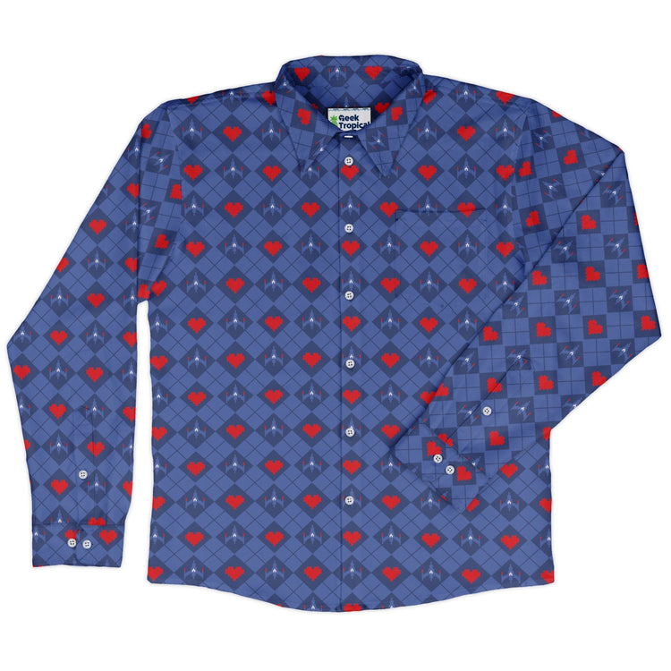 Space Fighter Heart Long Sleeve Button Up Shirt Geek Nerd adult sizing Design by Heather Davenport FLOW DESC WRITING