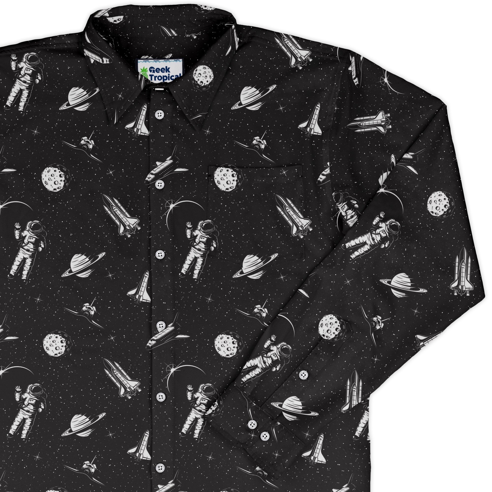 Space Mission Black Outer Space Long Sleeve Button Up Shirt