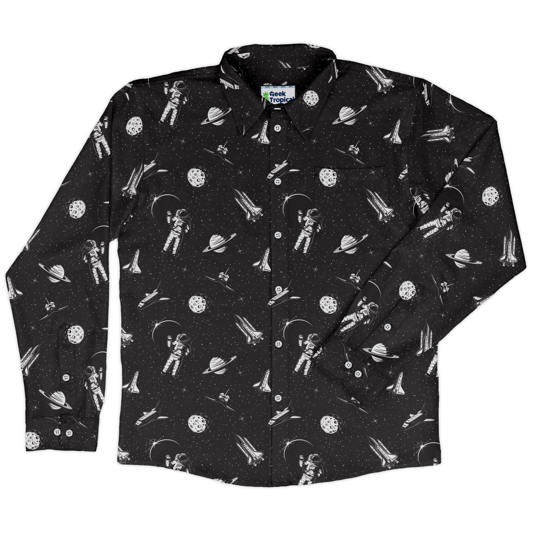 Space Mission Black Outer Space Long Sleeve Button Up Shirt Geek Nerd adult sizing FLOW DESC WRITING outer space & astronaut print