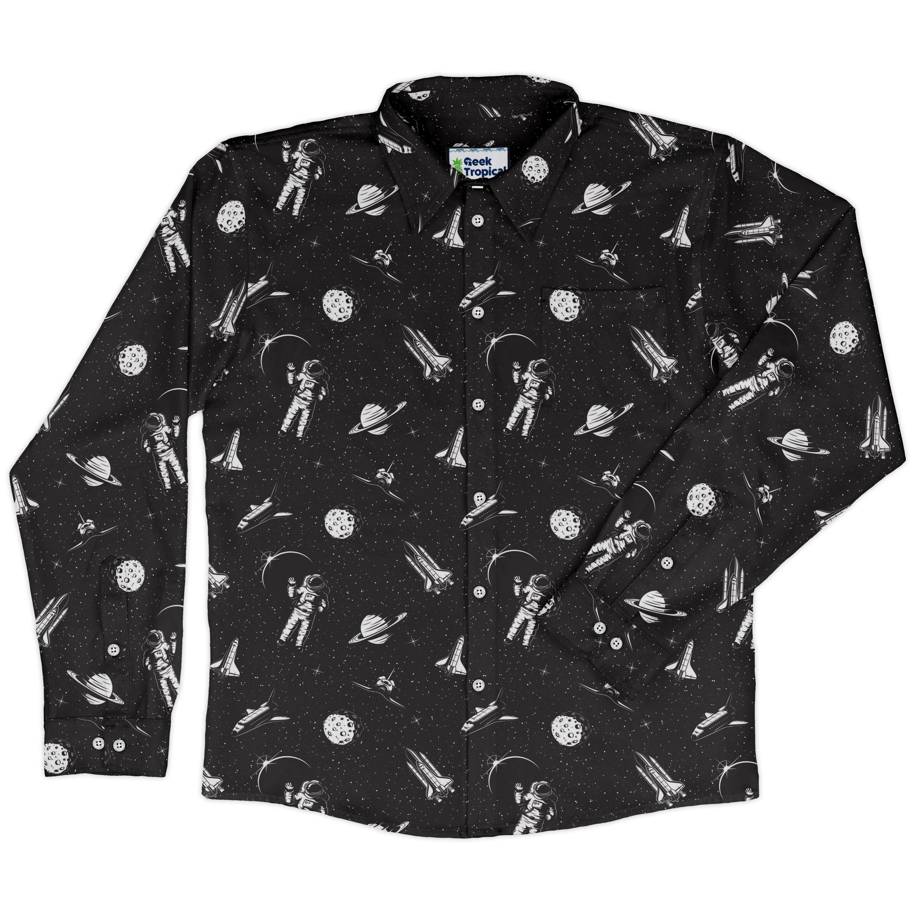 Space Mission Black Outer Space Long Sleeve Button Up Shirt