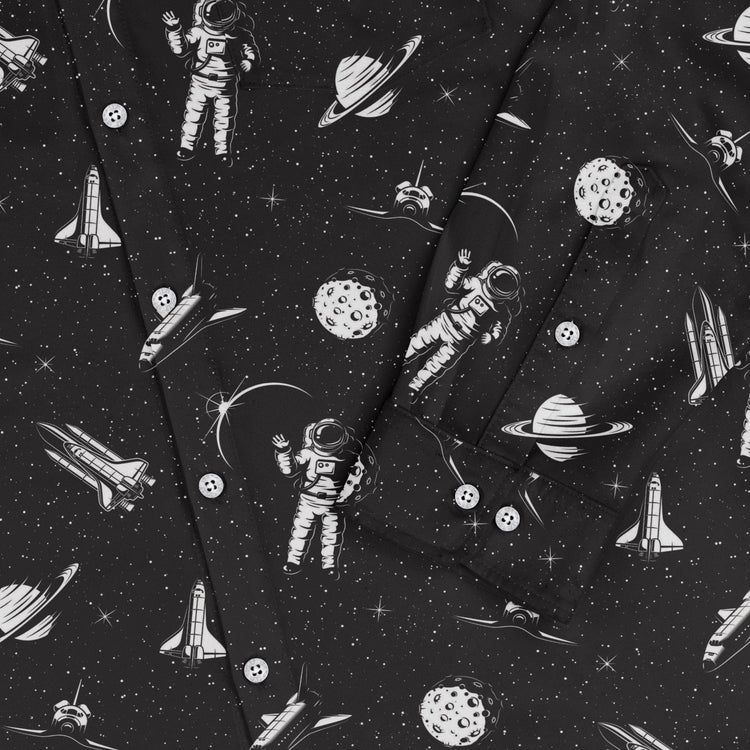 Space Mission Black Outer Space Long Sleeve Button Up Shirt Geek Nerd adult sizing FLOW DESC WRITING outer space & astronaut print