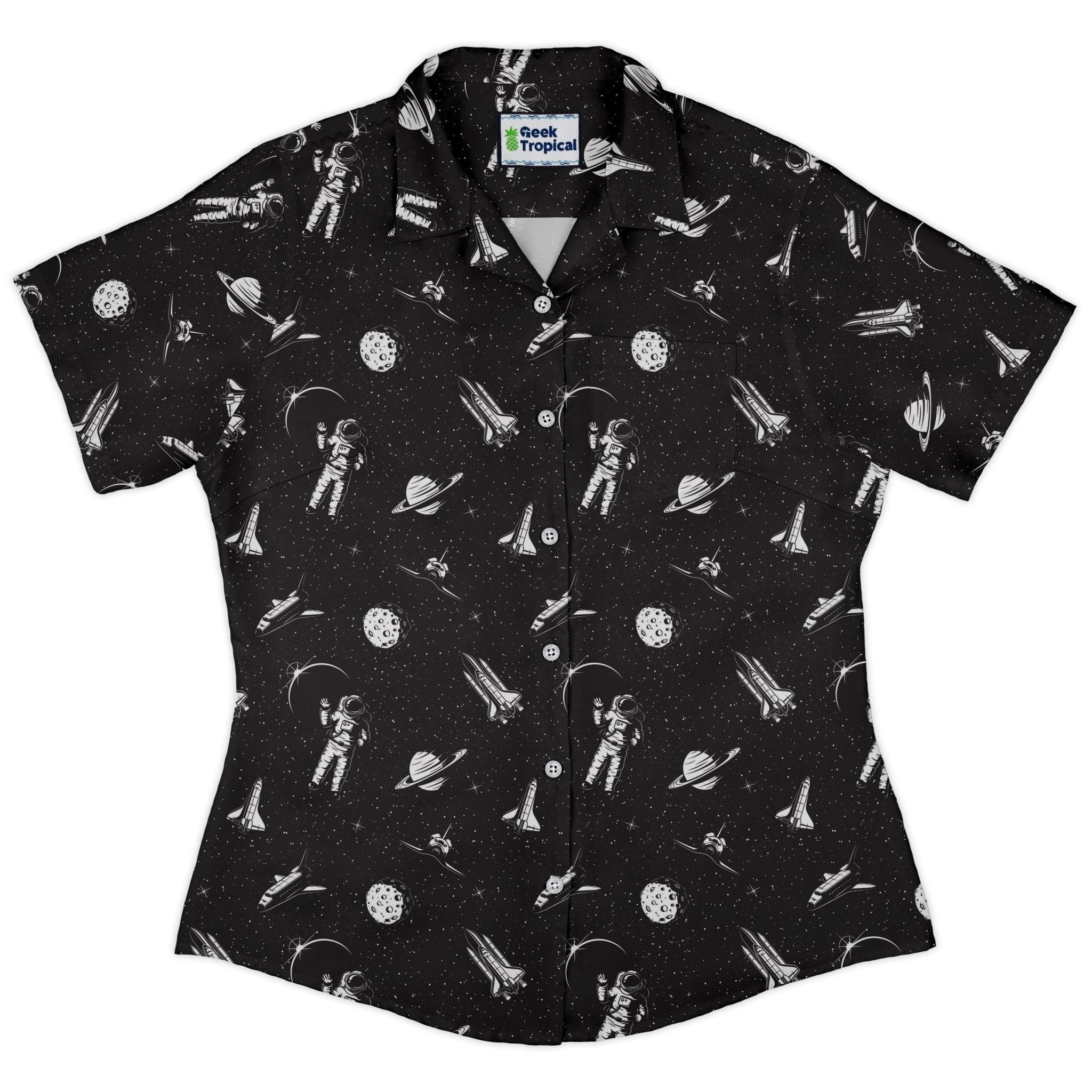 Space Mission Black Outer Space Curvy Button Up Shirt Geek Nerd outer space & astronaut print Simple Patterns women