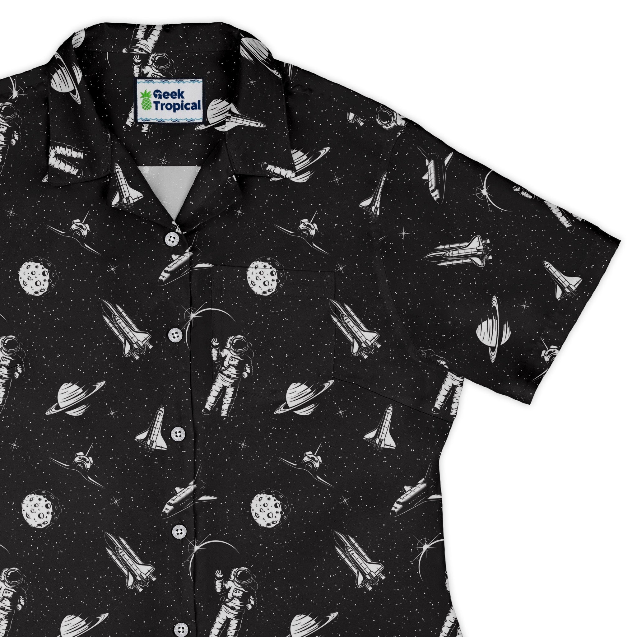 Space Mission Black Outer Space Curvy Button Up Shirt Geek Nerd outer space & astronaut print Simple Patterns women