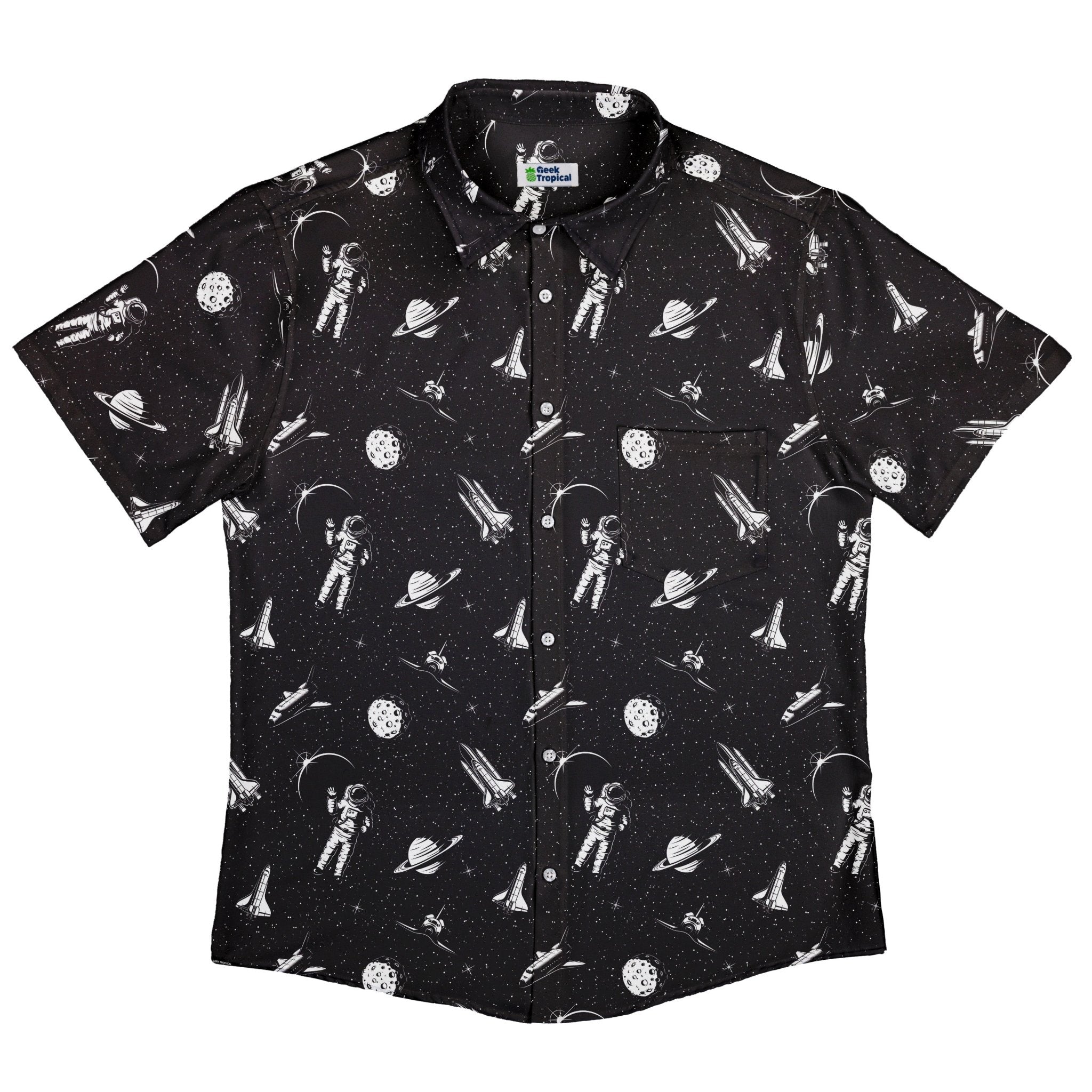 Space Mission Black Outer Space Button Up Shirt - adult sizing - outer space & astronaut print - Simple Patterns