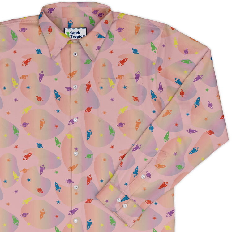 Space Pride Pink Long Sleeve Button Up Shirt Geek Nerd adult sizing FLOW DESC WRITING outer space & astronaut print