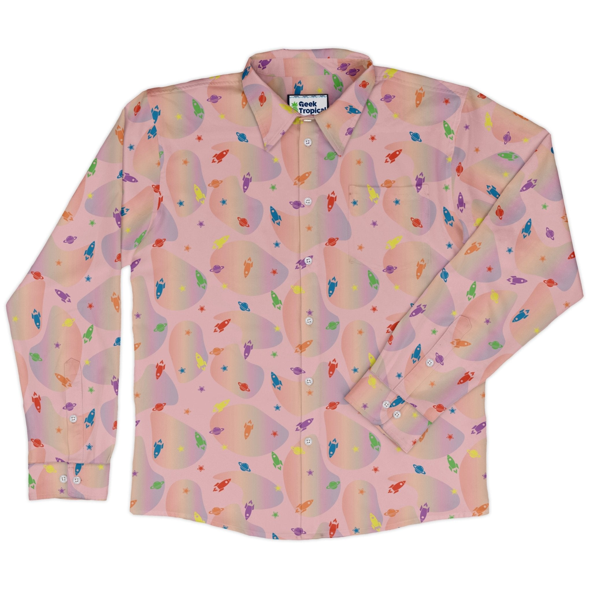 Space Pride Pink Long Sleeve Button Up Shirt Geek Nerd adult sizing FLOW DESC WRITING outer space & astronaut print