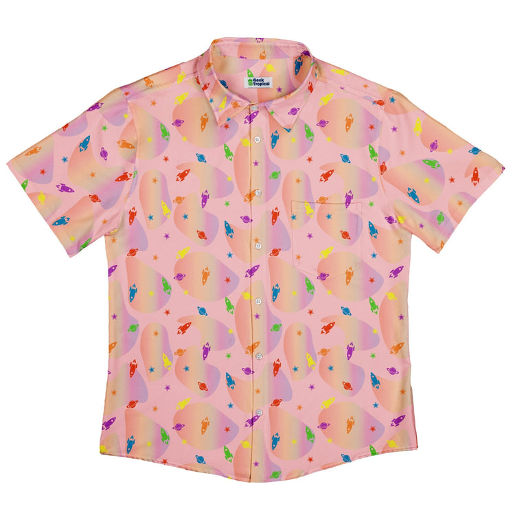 Space Pride Pink Button Up Shirt - adult sizing - outer space & astronaut print - Pride Patterns