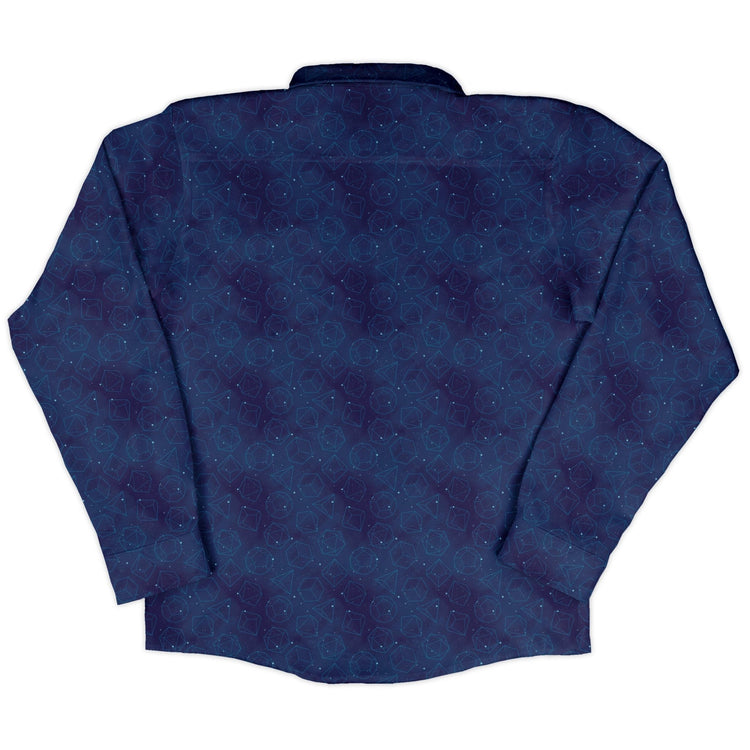 Space RPG Dice Blue Dnd Long Sleeve Button Up Shirt Geek Nerd adult sizing dnd & rpg print FLOW DESC WRITING