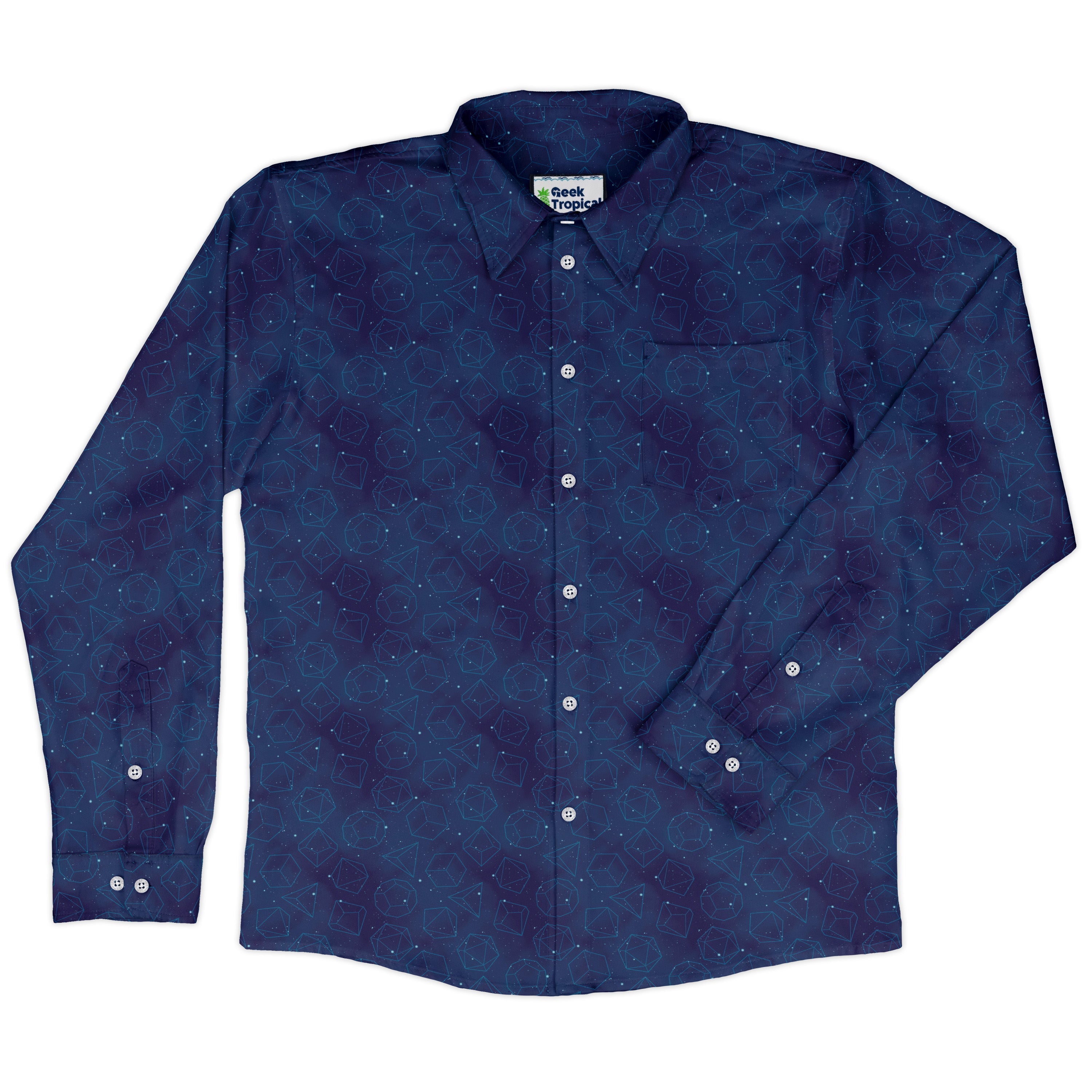 Space RPG Dice Blue Dnd Long Sleeve Button Up Shirt