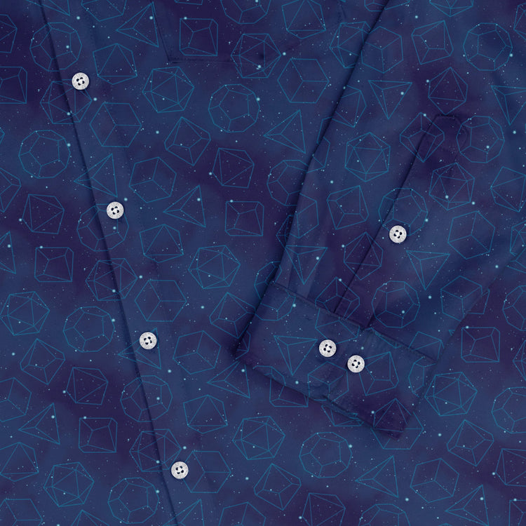 Space RPG Dice Blue Dnd Long Sleeve Button Up Shirt Geek Nerd adult sizing dnd & rpg print FLOW DESC WRITING